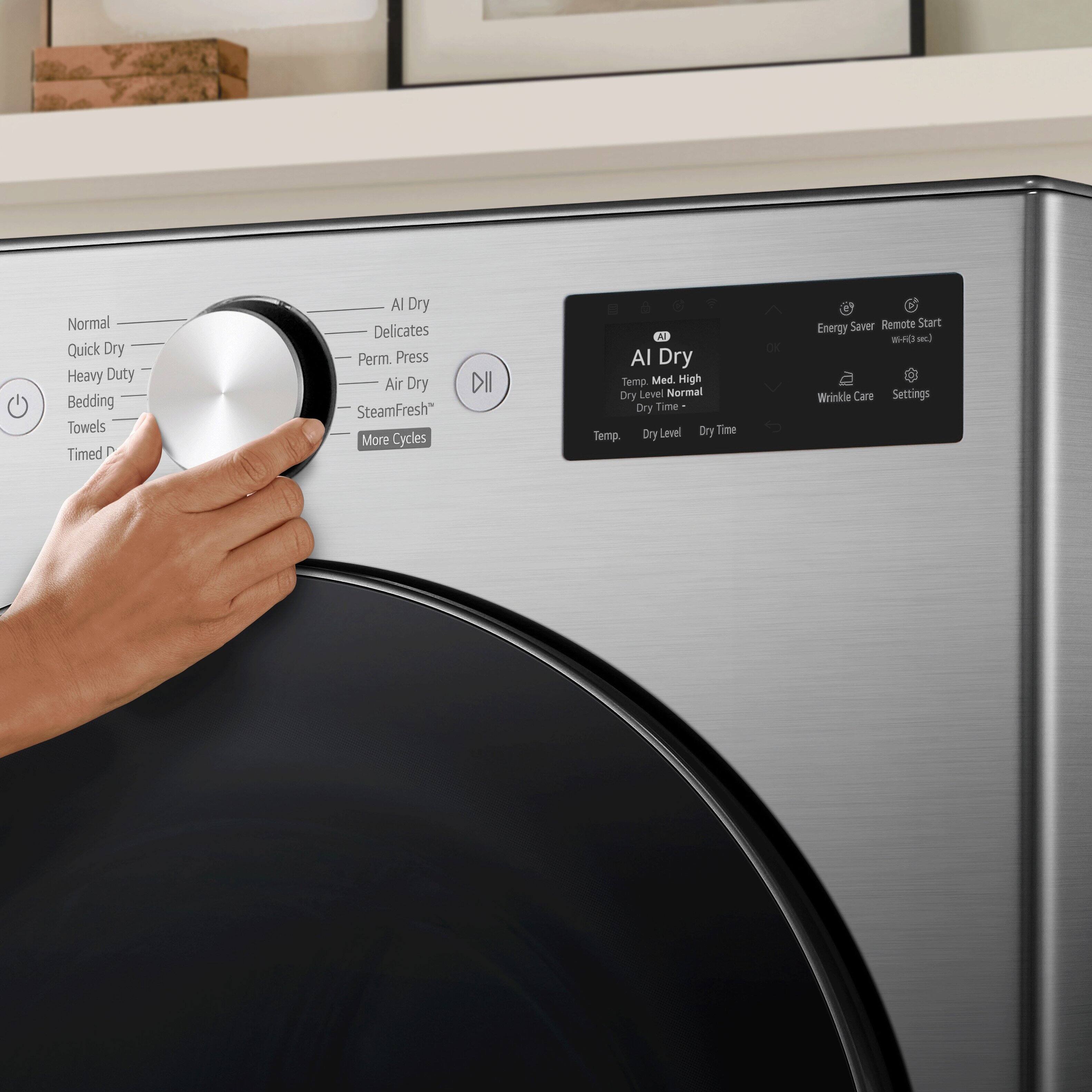 Sure, here is the corrected and grouped text from the image:

**Washing Machine Settings:**

- **Normal**
- **Quick Dry**
- **Heavy Duty**
- **Bedding**
- **Towels**
- **Timed Dry**
- **AI Dry**
- **Delicates**
- **Perm. Press**
- **Air Dry**
- **SteamFresh**
- **More Cycles**

**Additional Features:**

- **Energy Saver**
- **Remote Start**
- **Wrinkle Care**
- **Settings**

**AI Dry Settings:**

- **Temp.: Med, High**
- **Dry Level: Normal**
- **Dry Time**
- **Temp.**
- **Dry Level**
- **Dry Time**

**Buttons:**

- **Power**
- **Play/Pause**