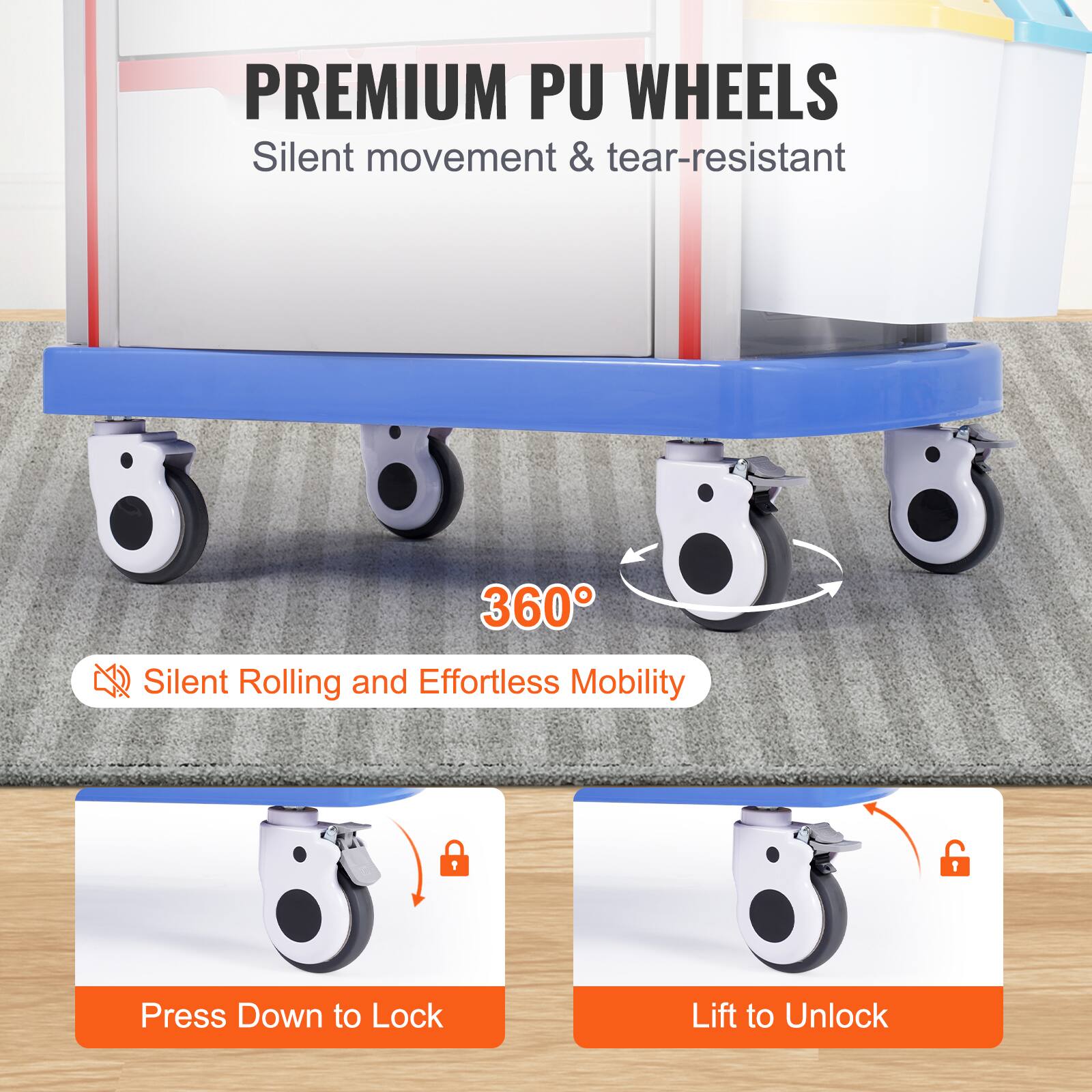 PREMIUM PU WHEELS, Silent movement & tear-resistant, 360° Silent Rolling and Effortless Mobility, Press Down to Lock, Lift to Unlock