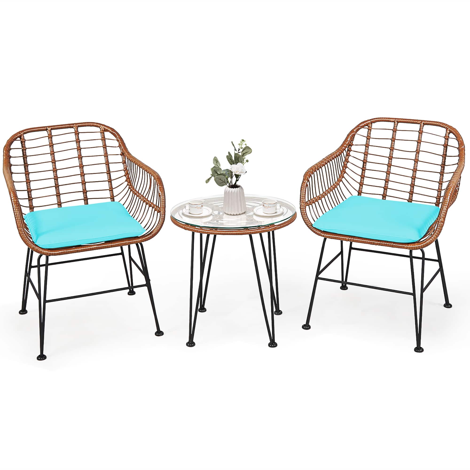 Costway - 3PCS Patio Rattan Bistro Set Table Armchair Garden Cushion - Turquoise