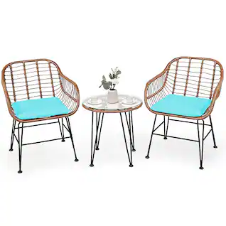 Costway - 3PCS Patio Rattan Bistro Set Table Armchair Garden Cushion - Turquoise