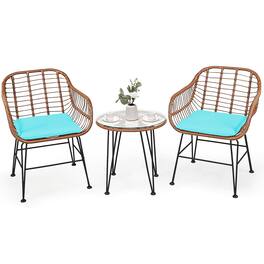 Costway - 3PCS Patio Rattan Bistro Set Table Armchair Garden Cushion - Turquoise