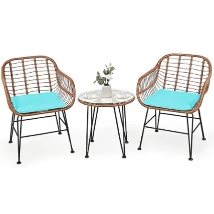 Costway - 3PCS Patio Rattan Bistro Set Table Armchair Garden Cushion - Turquoise