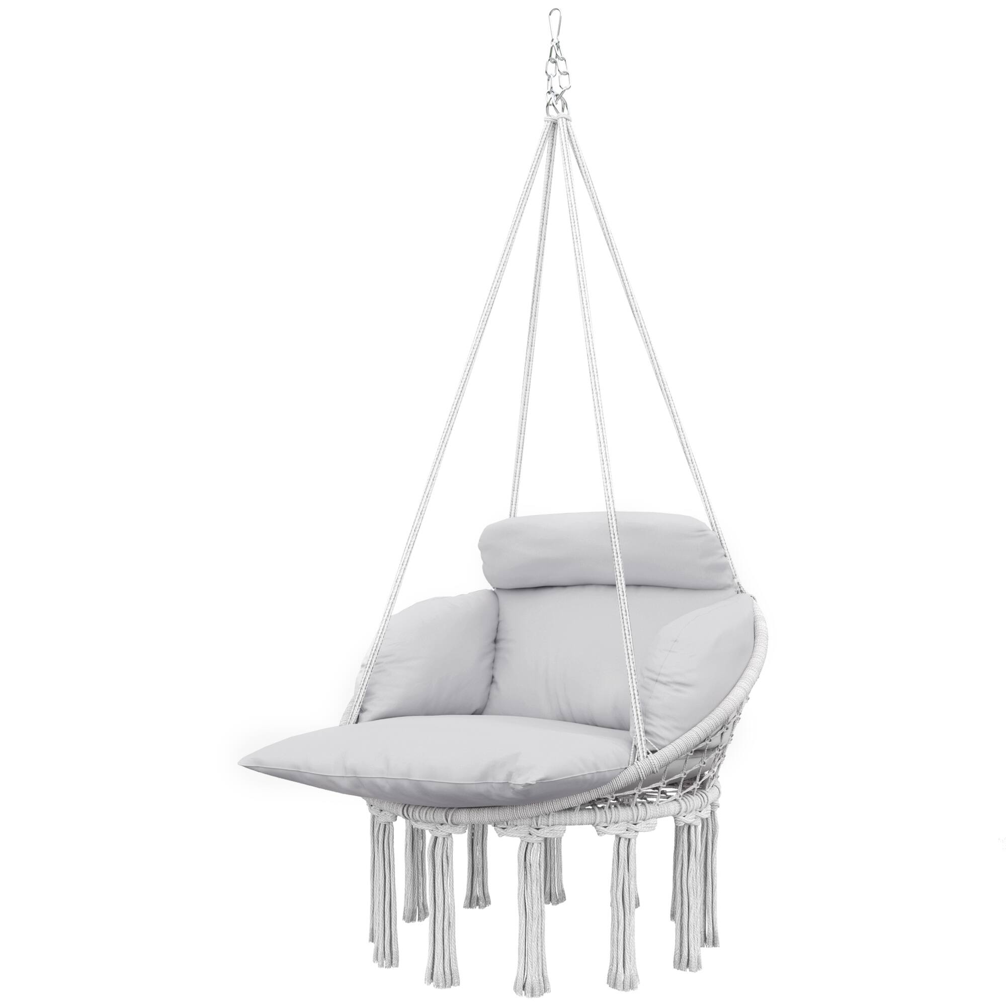 Front. Outsunny - Swing Chair, Macrame Hanging Chair with Large Cushion, Chain - Gray.