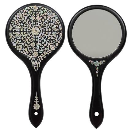 Front. Dapper Styles - Mother-of-pearl Hand Mirror - Korean Lacquer With Floral Inlay Gift For Women Mom Wife Daughter Birthday Mo... - Default.