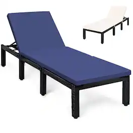 Gymax - Patio Lounge Chair Rattan Chaise w/ Adjustable Navy & Off White Cushioned - Navy/Off white