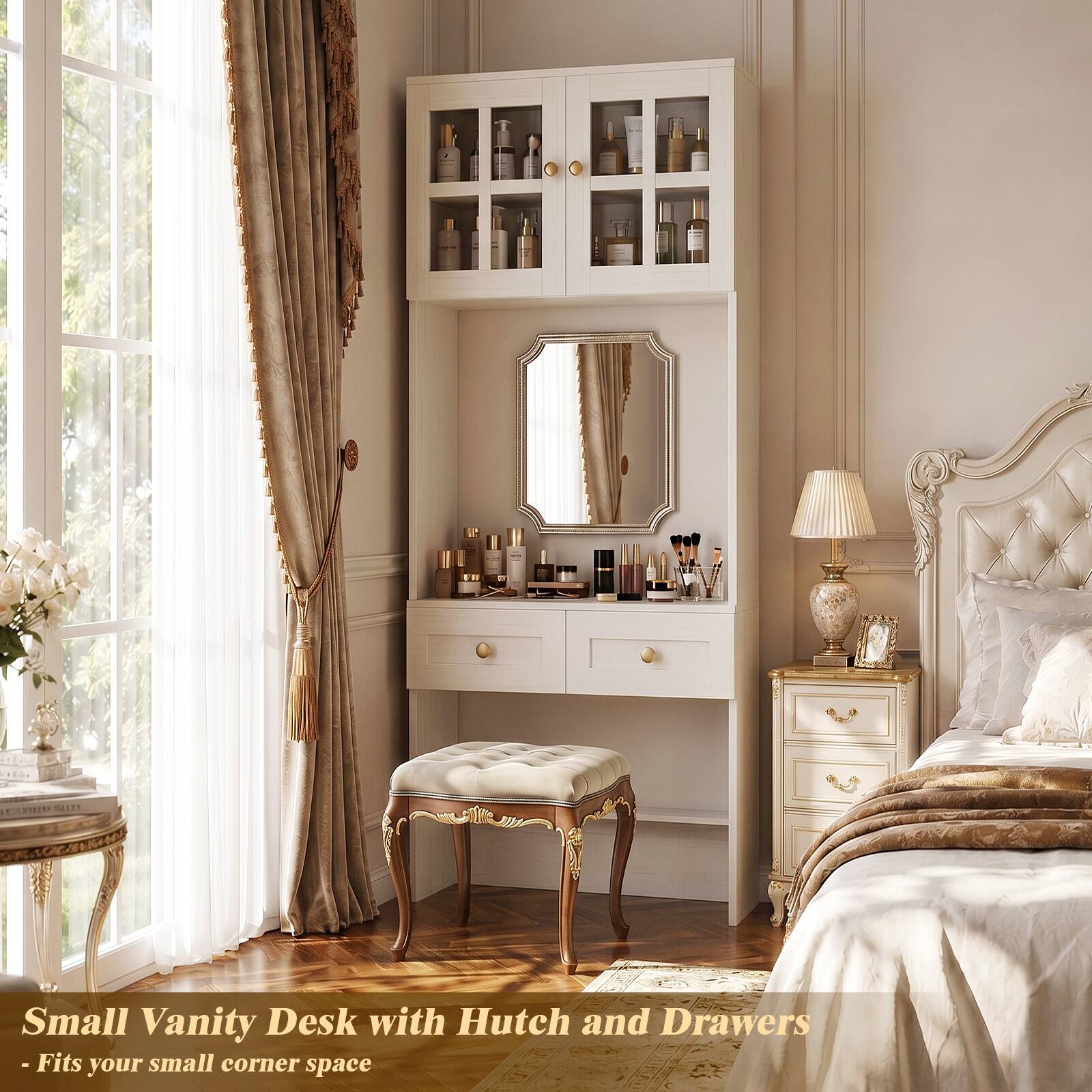 Small Vanity Desk with Hutch and Drawers  
- Fits your small corner space