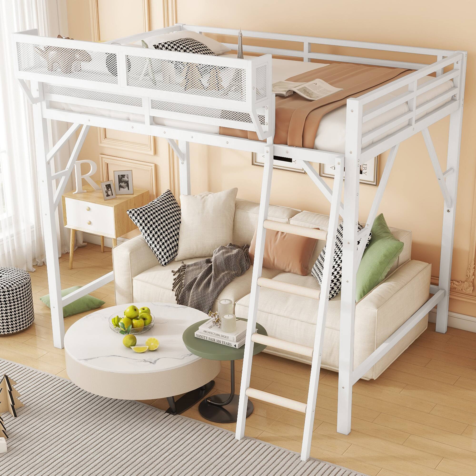 Left. GOODSILO - Queen Size Metal Loft Bed with Storage Shelves and Ladder for Kids and Teens - White.