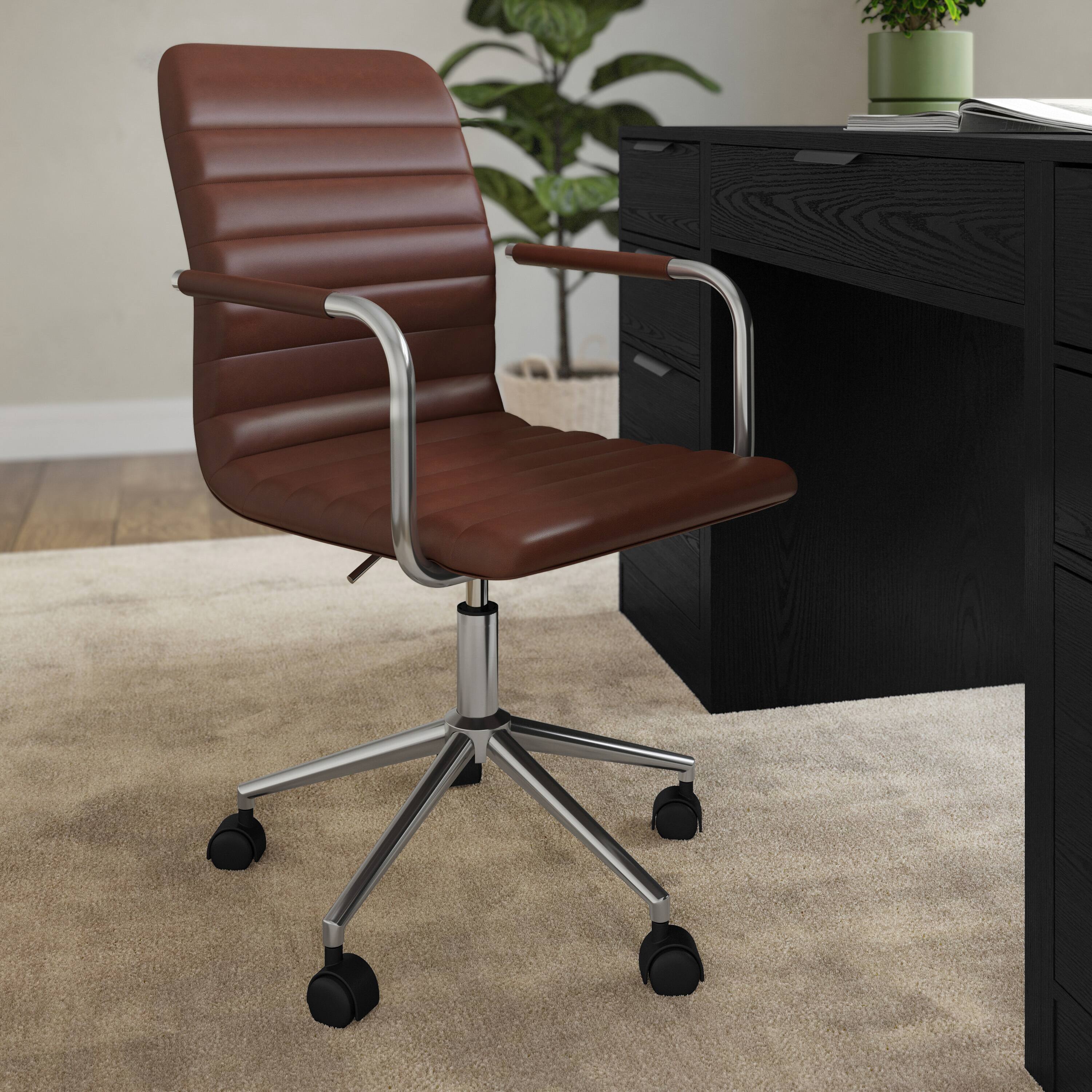 Alt View 4. Martha Stewart - Taytum Upholstered Swivel Home Office Chair with Integrated Armrests - Saddle Brown Faux Leather/Polished Nickel Frame.