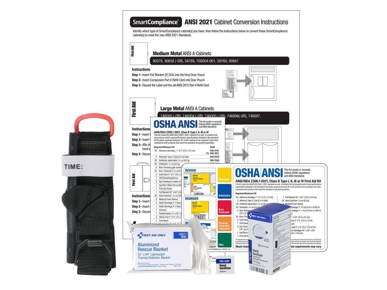SmartCompliance ANSI 2021 Cabinet Conversion Instructions

Identify which type of SmartCompliance cabinet(s) you have; then follow the Instructions below to convert those SmartCompliance cabinet(s) to meet the new Standards.

Medium Metal ANSI A Cabinets 90578, 90658 (-GR), 54769, 700004-001, 59760, 90661

Instructions
Step 1: Insert Foil Blanket (91354) into the Vinyl Door Pouch
Step 2: Insert Component Part : Refill Card into Door Pouch
Step 3: Discard the Label and the old Part #8 Refill Card

TIME:

Large Metal ANSI A Cabinets 746000, 746006(-GR), 746007, mais of ANSI federal OSHA Instructions ANSI/ISEA Class : Type II, IV

Instructions
Step 1: Insert This LT minut
Step 2: Insert With products
Step 3: Affix RS Reddit hand so Alhesive FRE-3101
Step 4: Discare F