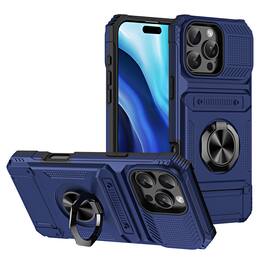 Dteck - Rugged Case For Apple iPhone 15 Pro Ring Holder Kickstand Magnetic Car Mount Hidden Card Slot Shockproof Cover - Blue