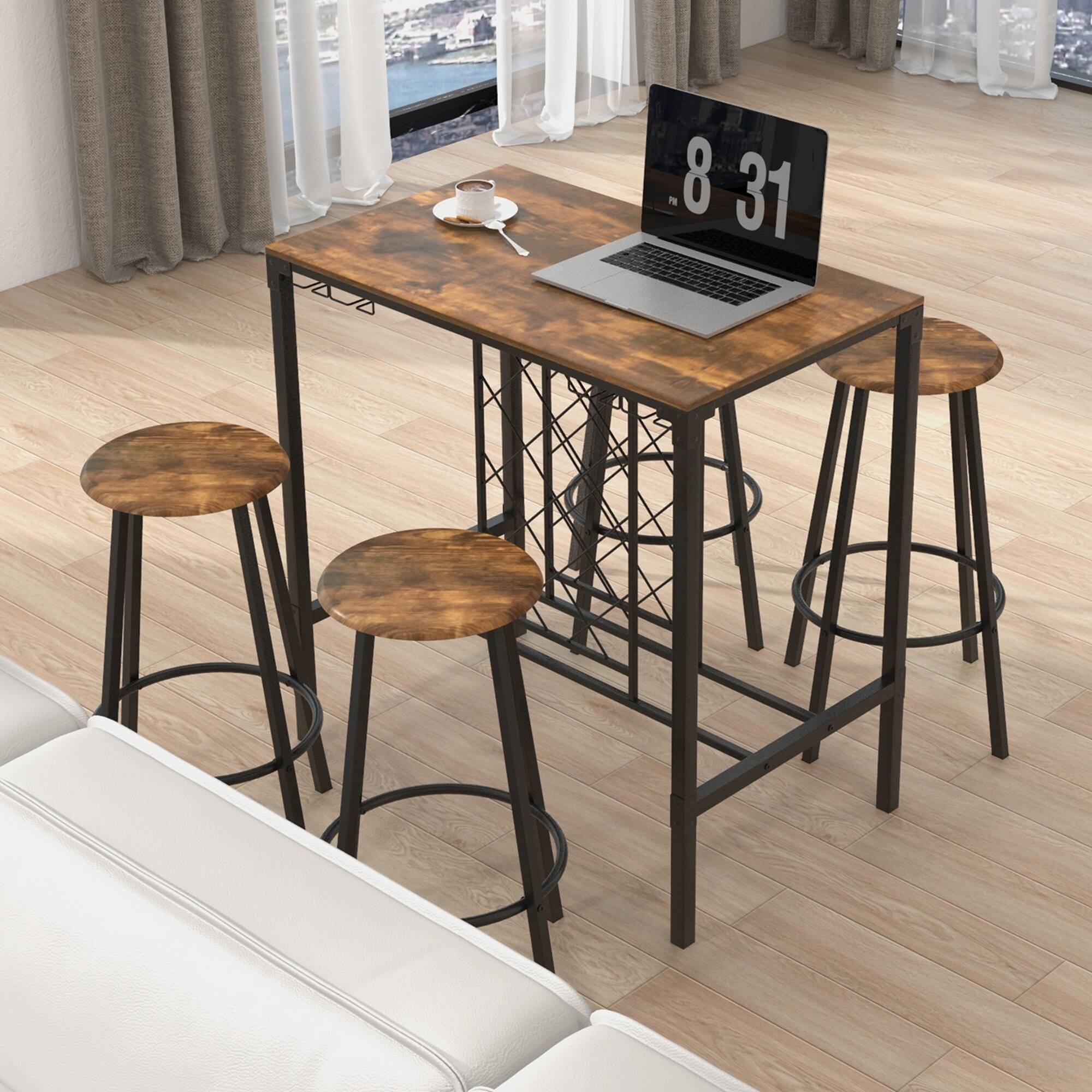 Alt View 3. Costway - 5PCS Bar Table & Stools Set Industrial Bistro Set with Wine Rack & Glass Holder - Rustic Brown/Black.
