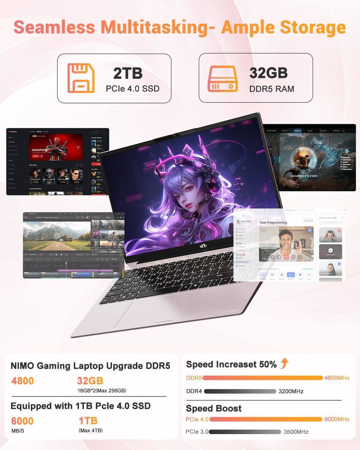 Seamless Multitasking - Ample Storage

2TB PCIe 4.0 SSD

32GB DDR5 RAM

NIMO Gaming Laptop Upgrade DDR5
4800 MHz
32GB (16GB*2, Max 256GB)

Equipped with 1TB PCIe 4.0 SSD
6000 MB/S
1TB (Max 4TB)

Speed Increase 50%
DDR5: 4800MHz
DDR4: 3200MHz

Speed Boost
PCIe 4.0: 6000MHz
PCIe 3.0: 3500MHz
