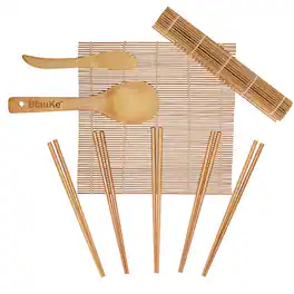 BlauKe - Bamboo Sushi Making Kit with 2 Sushi Rolling Mats, 5 Pairs Bamboo Chopsticks, Rice Paddle, and Spreader - Sushi Kit - Beige