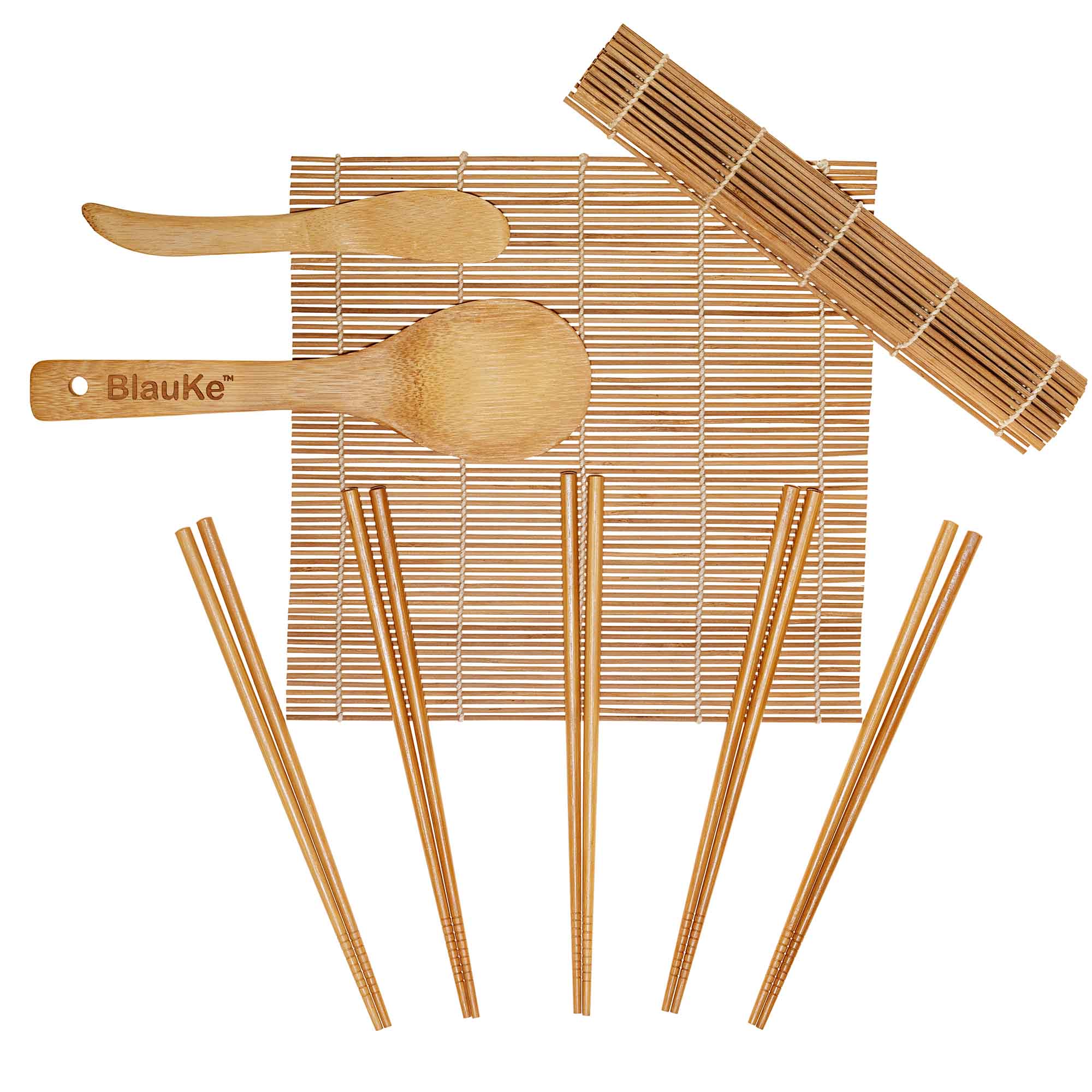 BlauKe - Bamboo Sushi Making Kit with 2 Sushi Rolling Mats, 5 Pairs Bamboo Chopsticks, Rice Paddle, and Spreader - Sushi Kit - Beige