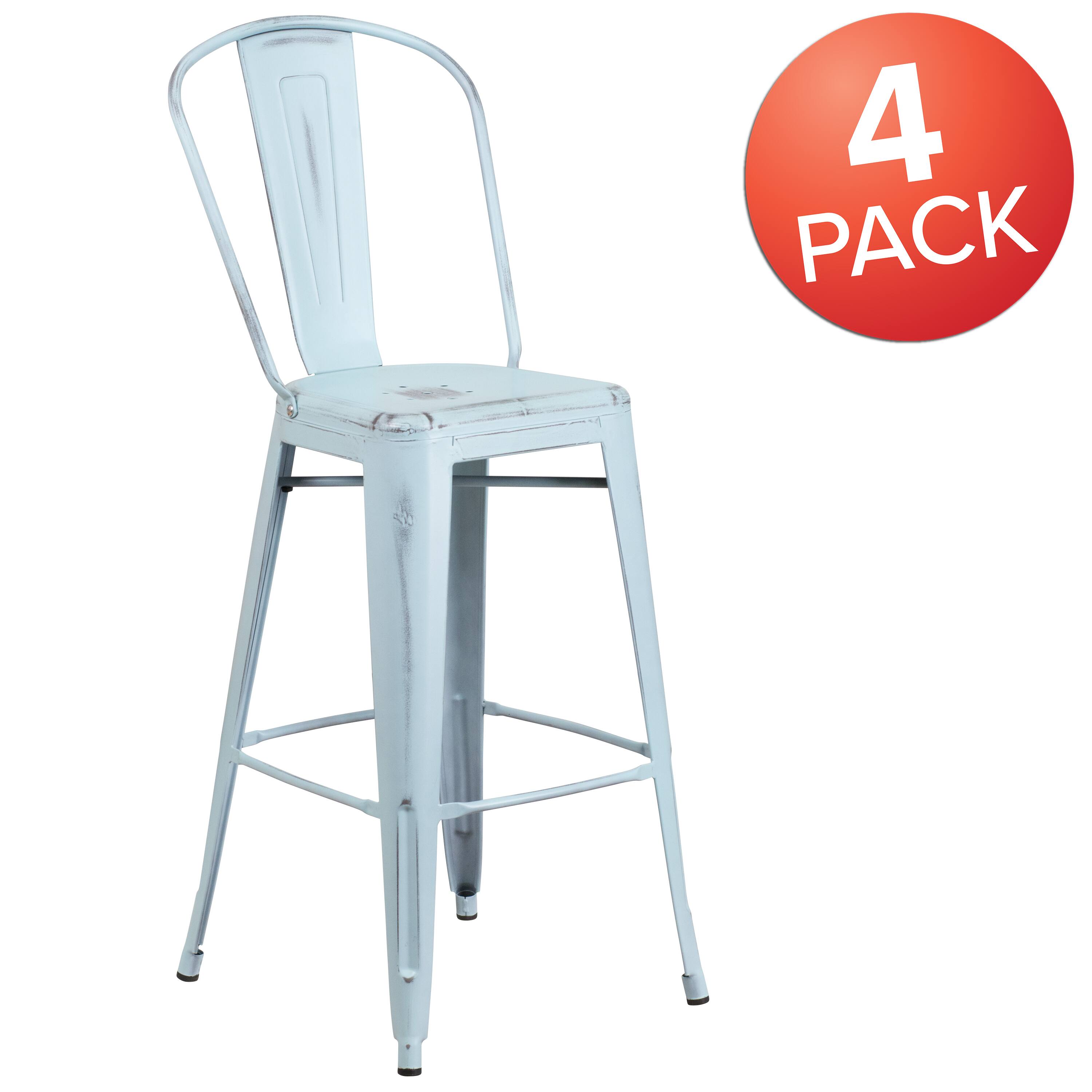 Alt View 1. Emma + Oliver - Commercial Grade 4 Pack 30" High Distressed Metal Indoor-Outdoor Barstool with Back - Green-Blue.