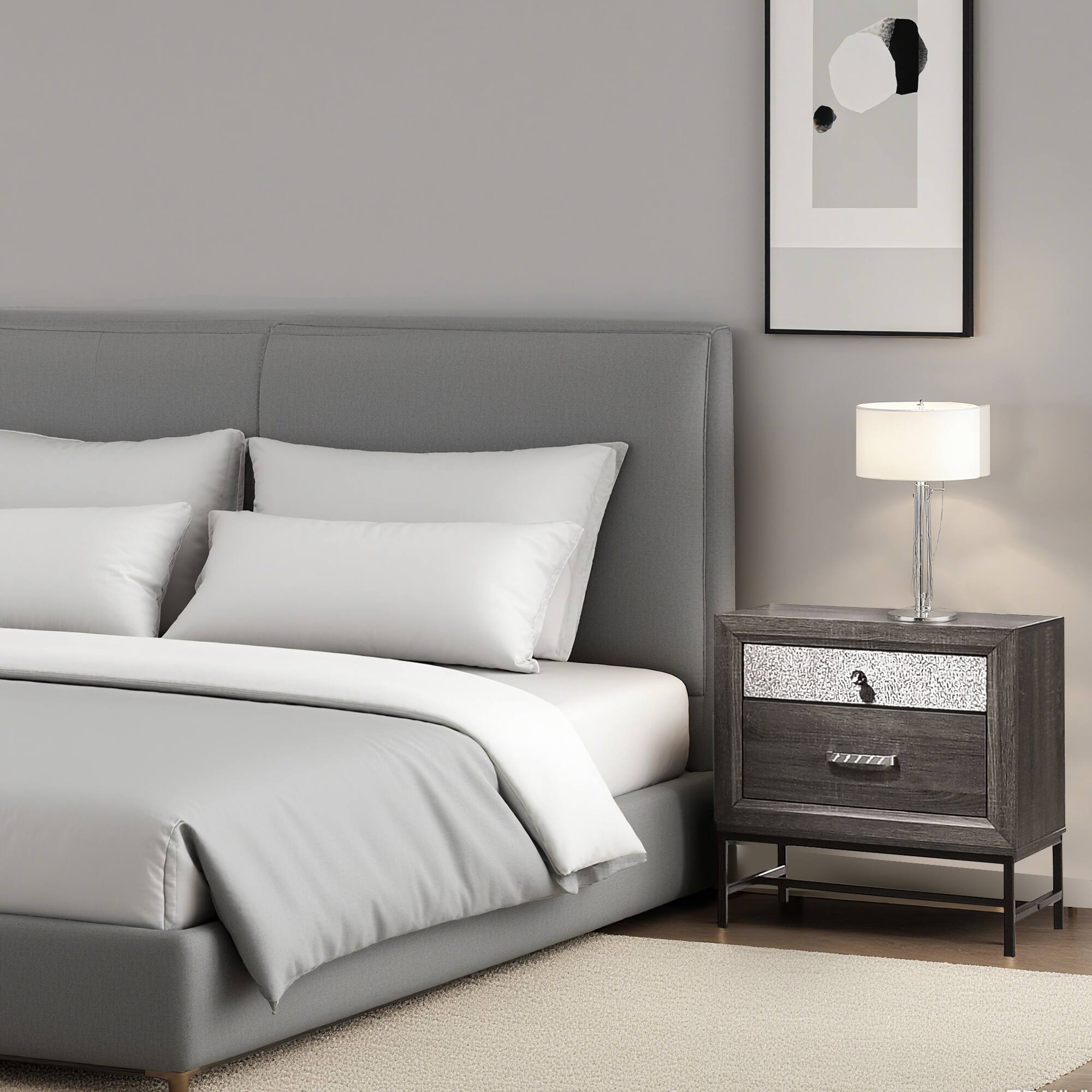 Angle. Vaczon - Modern Metal-Frame Nightstand in Engineered Wood with Sparkling Acrylic Drawer Handles - Gray.