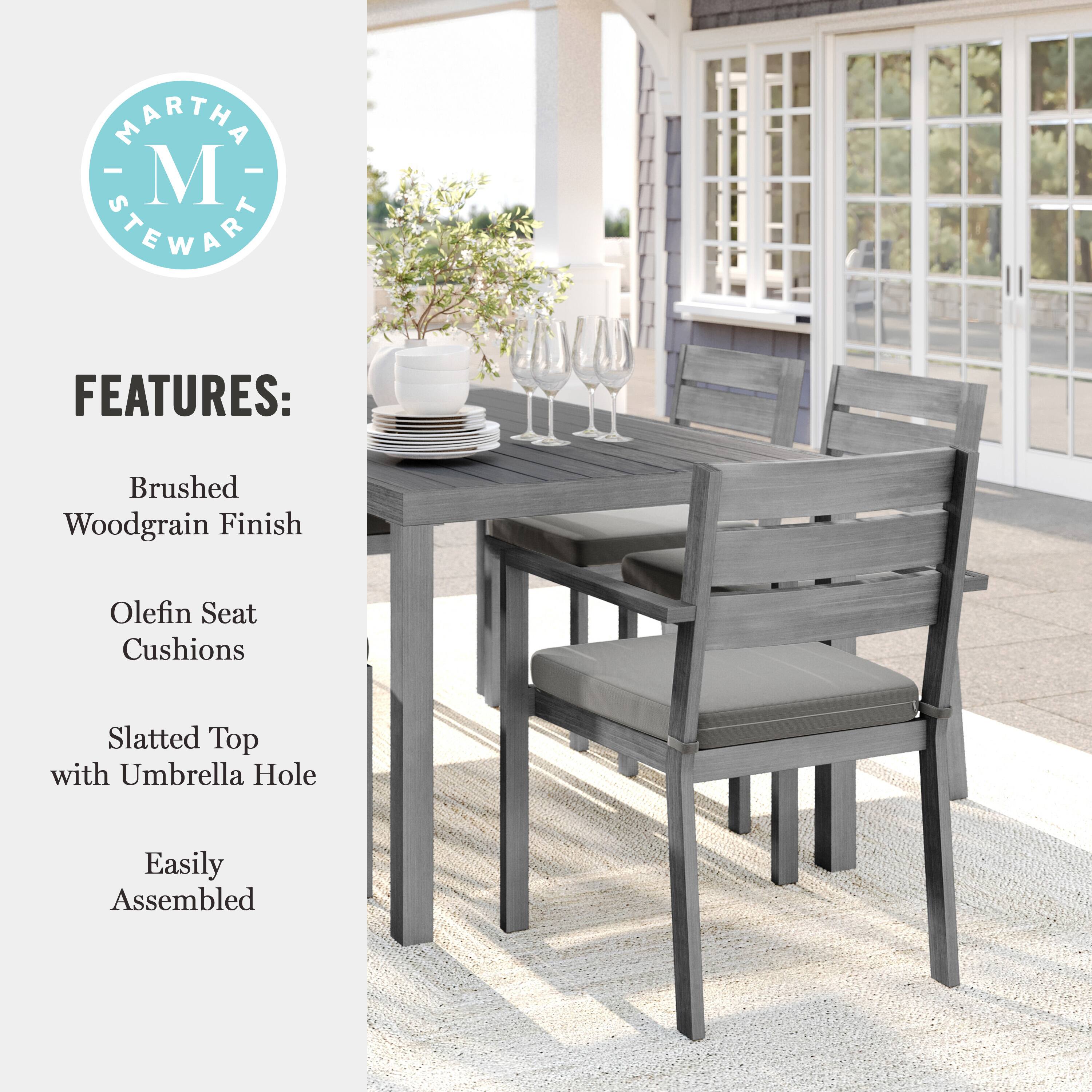 Martha Stewart Features: Brushed Woodgrain Finish, Olefin Seat Cushions, Slatted Top with Umbrella Hole, Easily Assembled.