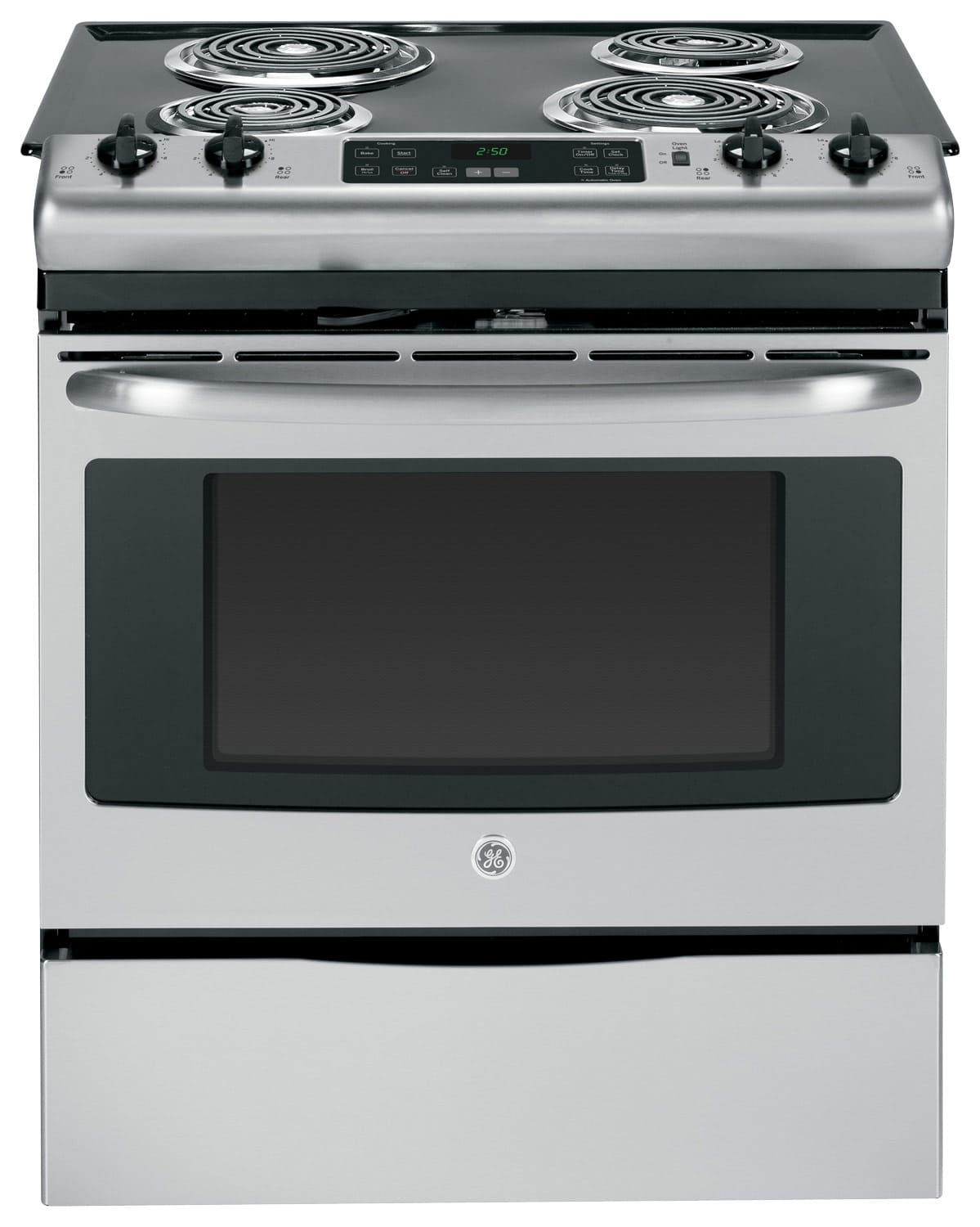 Front. GE - 4.4 Cu. Ft. Self-Cleaning Slide-In Electric Range - Stainless steel.