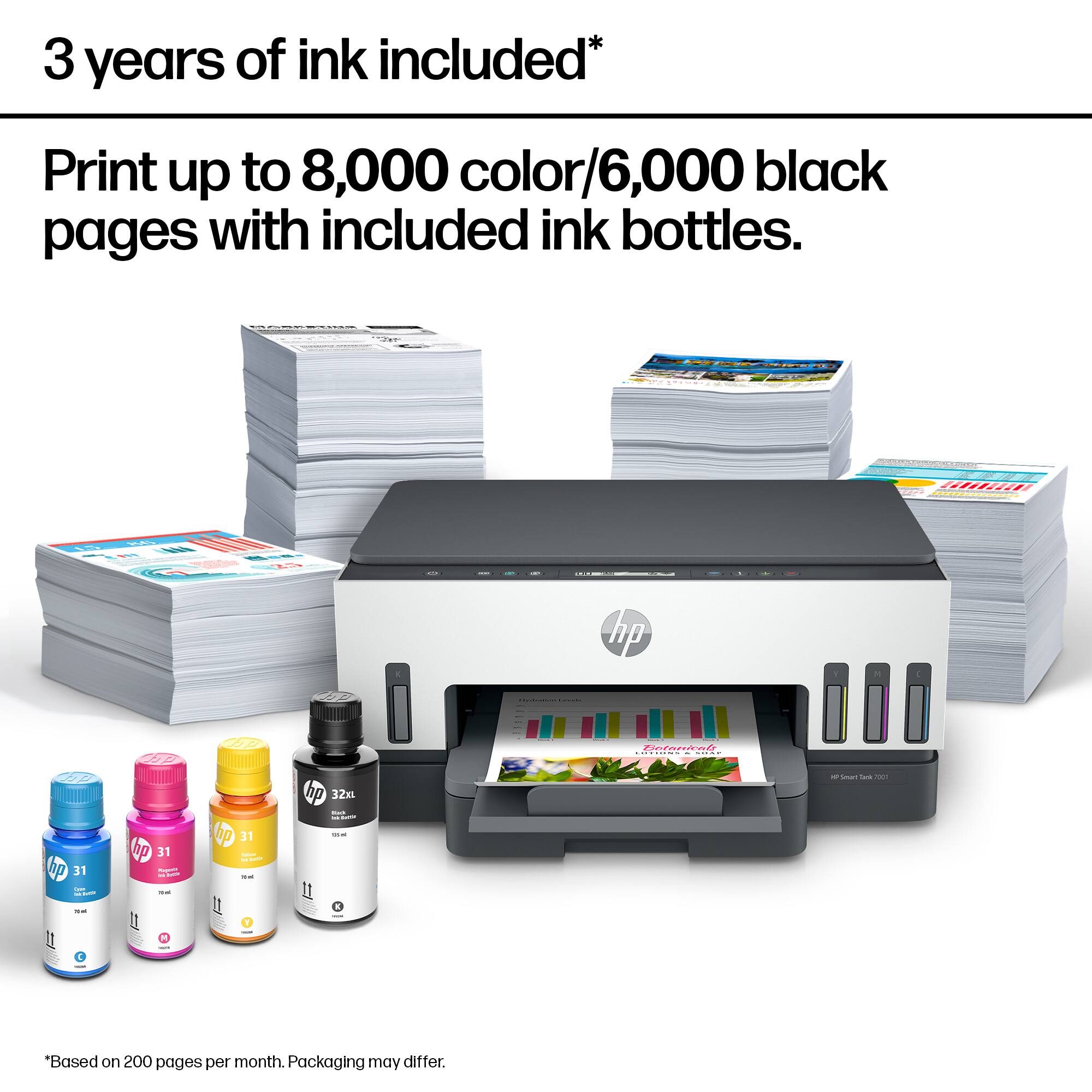3 years of ink included*

Print up to 8,000 color/6,000 black pages with included ink bottles.

*Based on 200 pages per month. Packaging may differ.