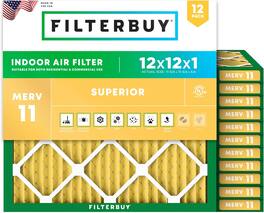 Filterbuy - 12x12x1 MERV 11 Pet & Allergy Defense, Electrostatic Pleated HVAC AC Furnace Air Filters Replacement (12-Pack) - Gold