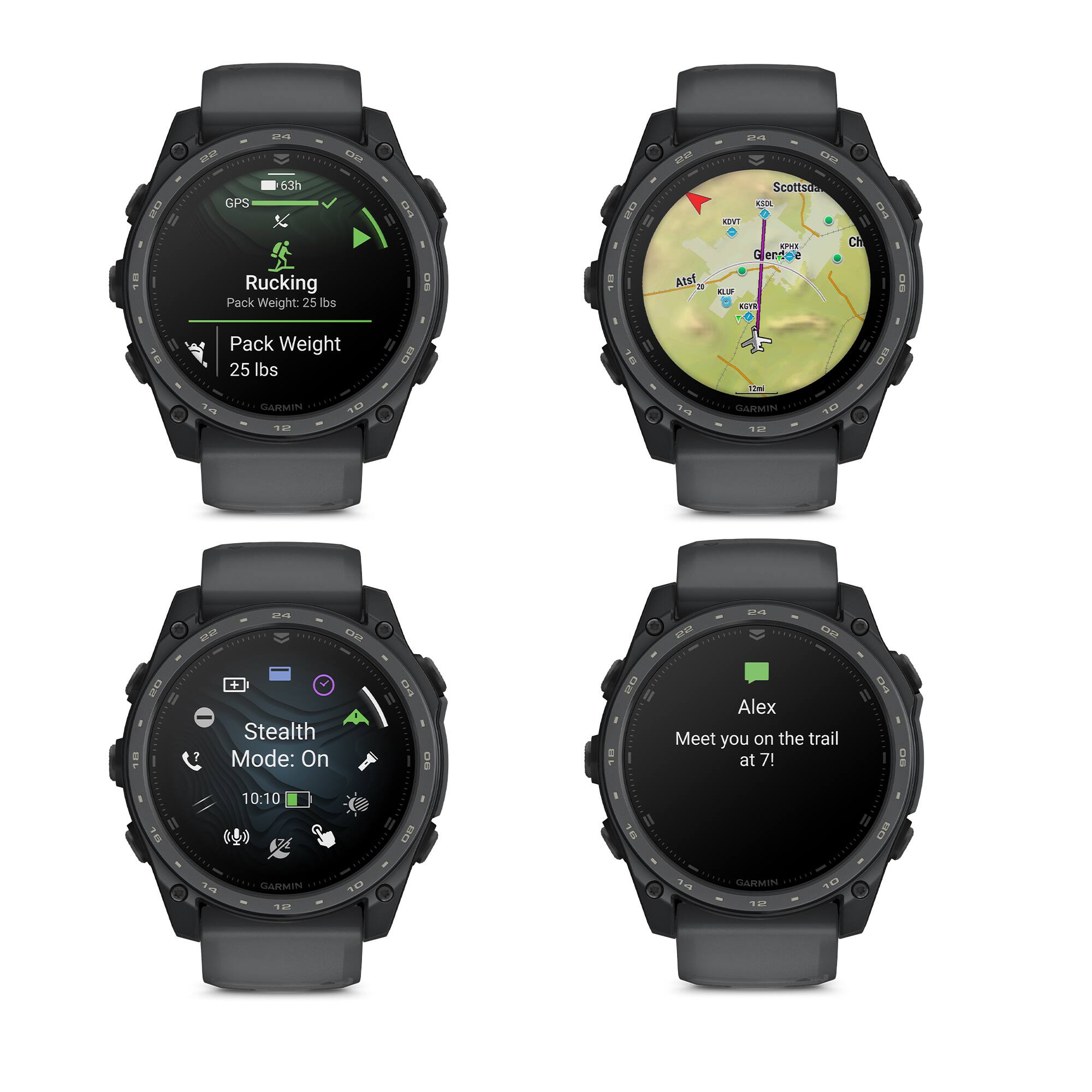 um a aaa ApZ 63h GPS x Rucking Pack Weight: 25 lbs  
Atsf 20 Scottsd T Tanaa EPTEE C er: - ELI ... CE Pack Weight 25 lbs  
1A Lats GRMIN GARMIN 1a7 u ENE ... En S + A Stealth Mode: On S0 RD Alex Meet you on the trail at 7!  
D4 10 10:10  
12 GRMIN ....ST GARMIN 147