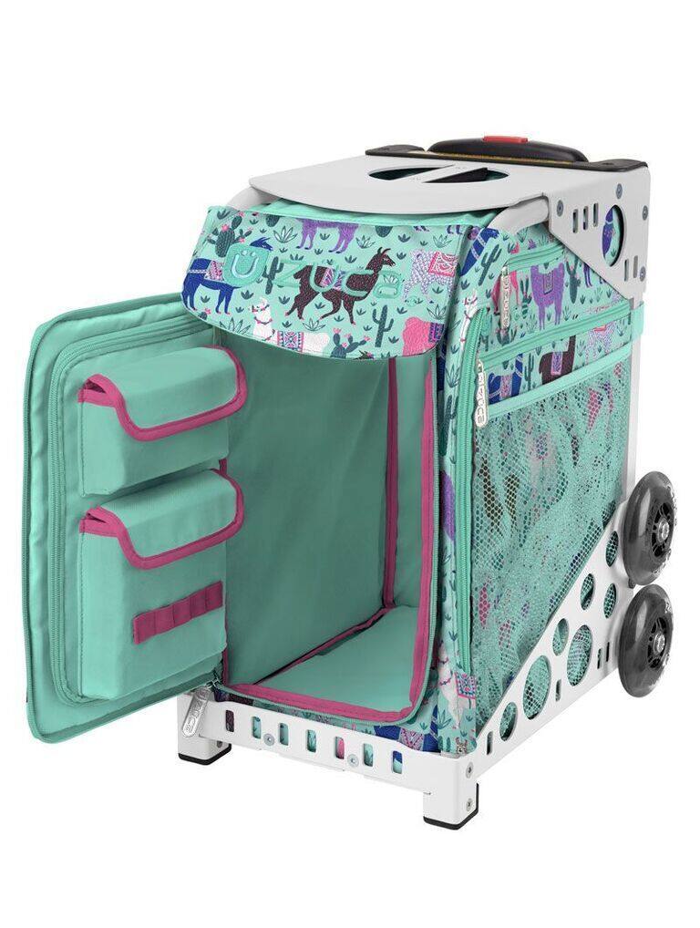 Back. Zuca - Zuca Llama Rama Sport Insert Bag and White Frame with Flashing Wheels - Turquoise.