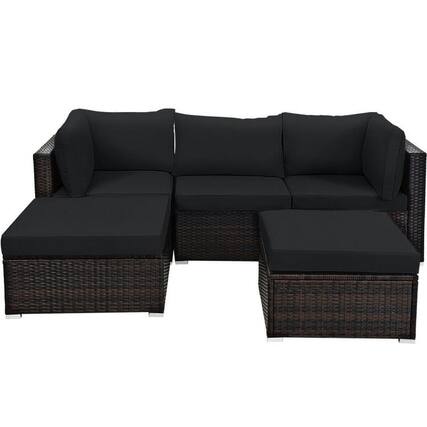 Front. Kadyn - 5 Pcs Patio Sectional Rattan Furniture Set with Ottoman Table-Black, Patio Seating Conversation - Black.