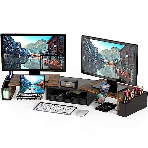 Hirose Alice - Desk Dual Monitor Stand Riser With Drawer Rustic Built-In Phone & Tablet Holder - Keep your screen in sight f - Rustic Brown