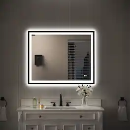 WELLFOR - 48 in W x 36 in. H Rectangular Single Aluminum Framed Anti-Fog LED Light Wall Bathroom Vanity Mirror - Matte Black