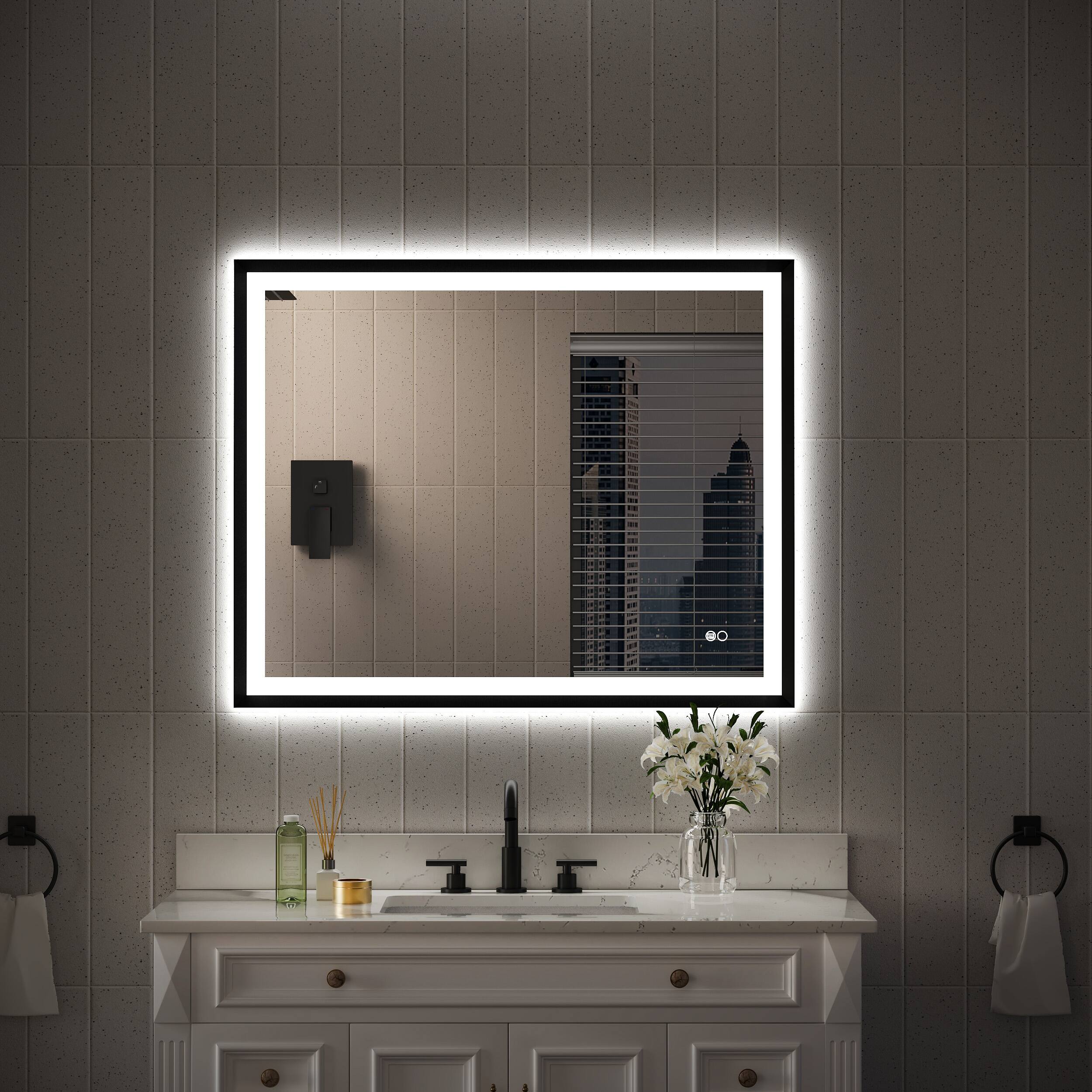Angle. WELLFOR - 40 in W x 32 in. H Rectangular Single Aluminum Framed Anti-Fog LED Light Wall Bathroom Vanity Mirror - Matte Black.