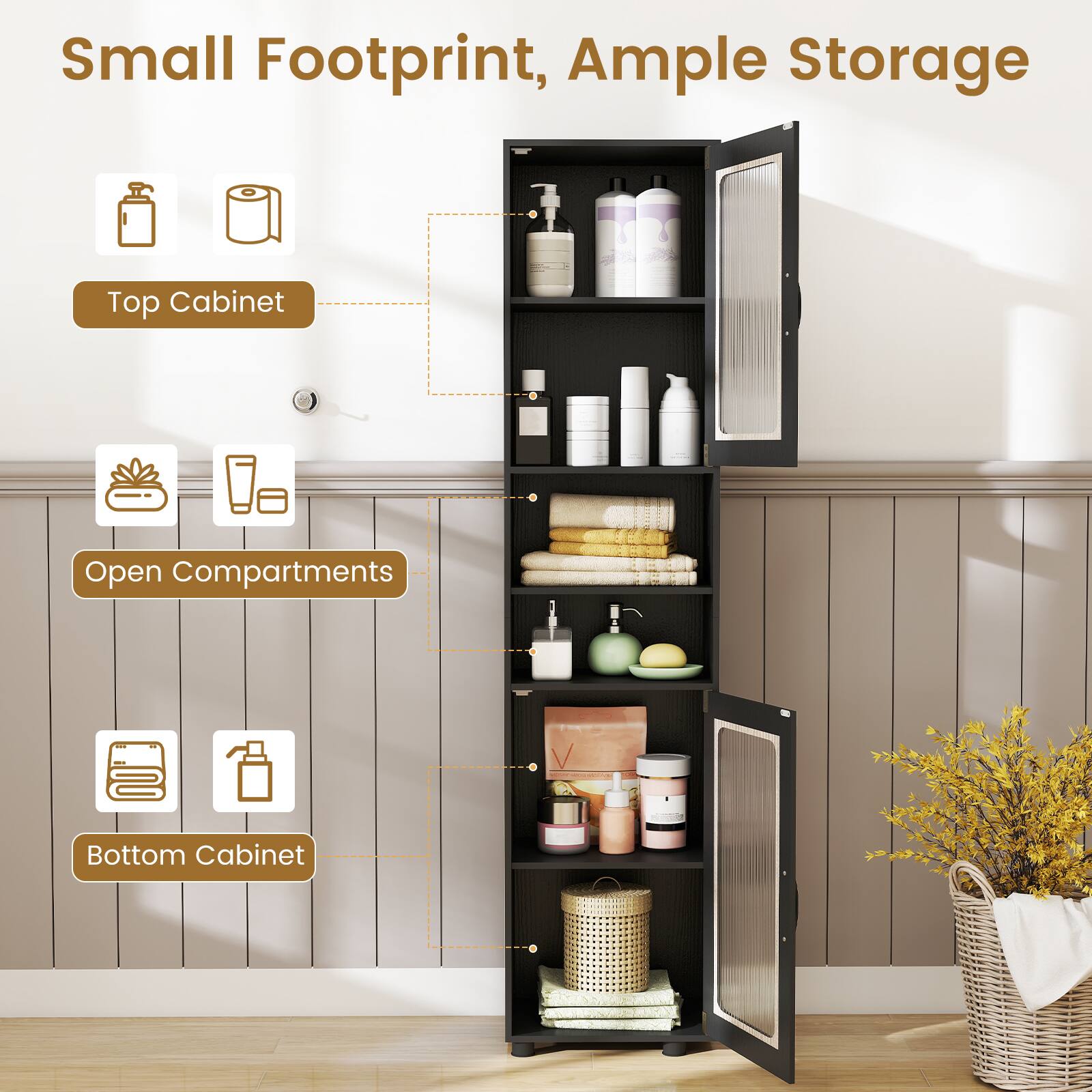 Small Footprint, Ample Storage

Top Cabinet

Open Compartments

Bottom Cabinet