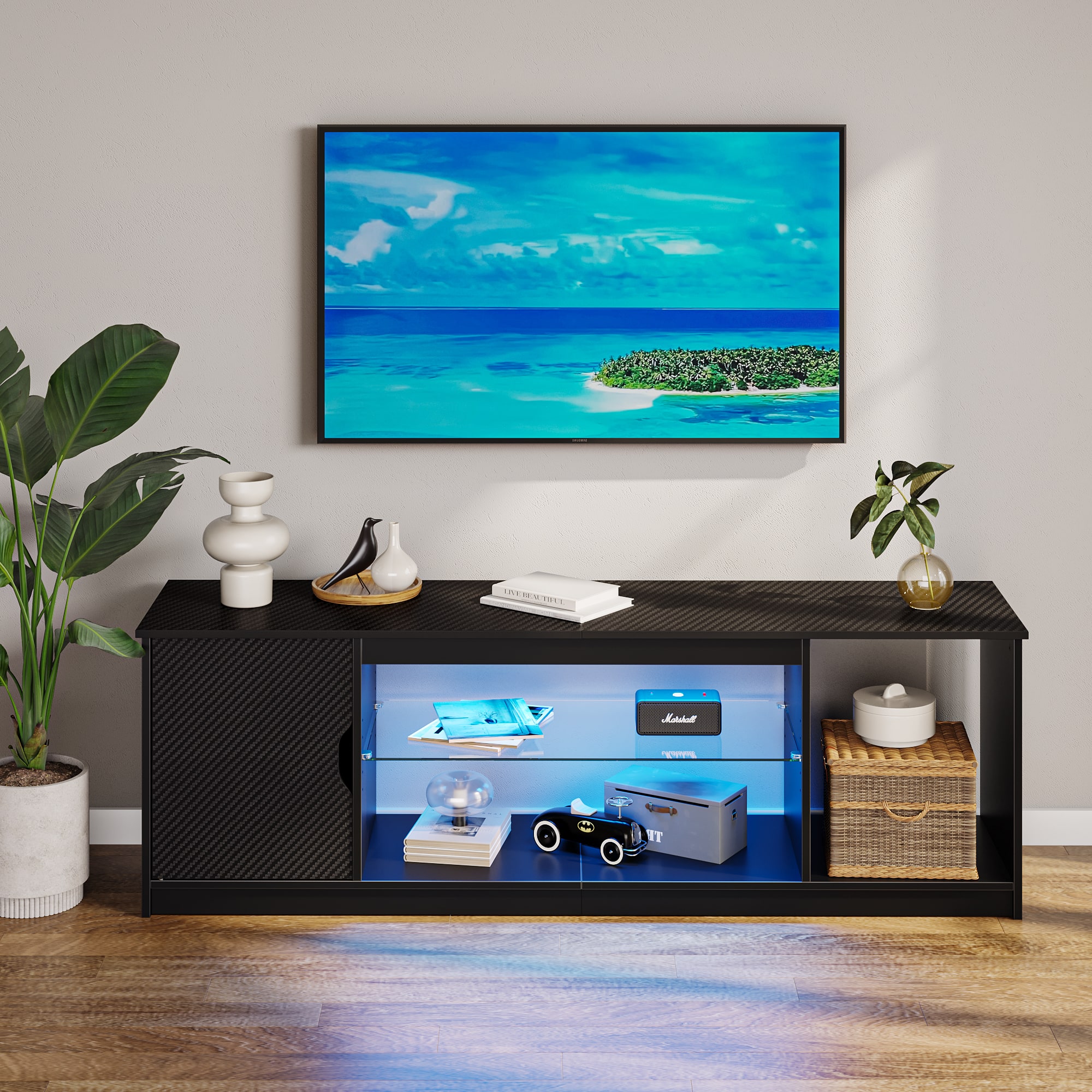 Alt View 3. Bestier - Fits up to 65" TVs Gaming Entertainment Center with Adjustable Shelves for PS5 57"TV Stand - Black carbon fiber.