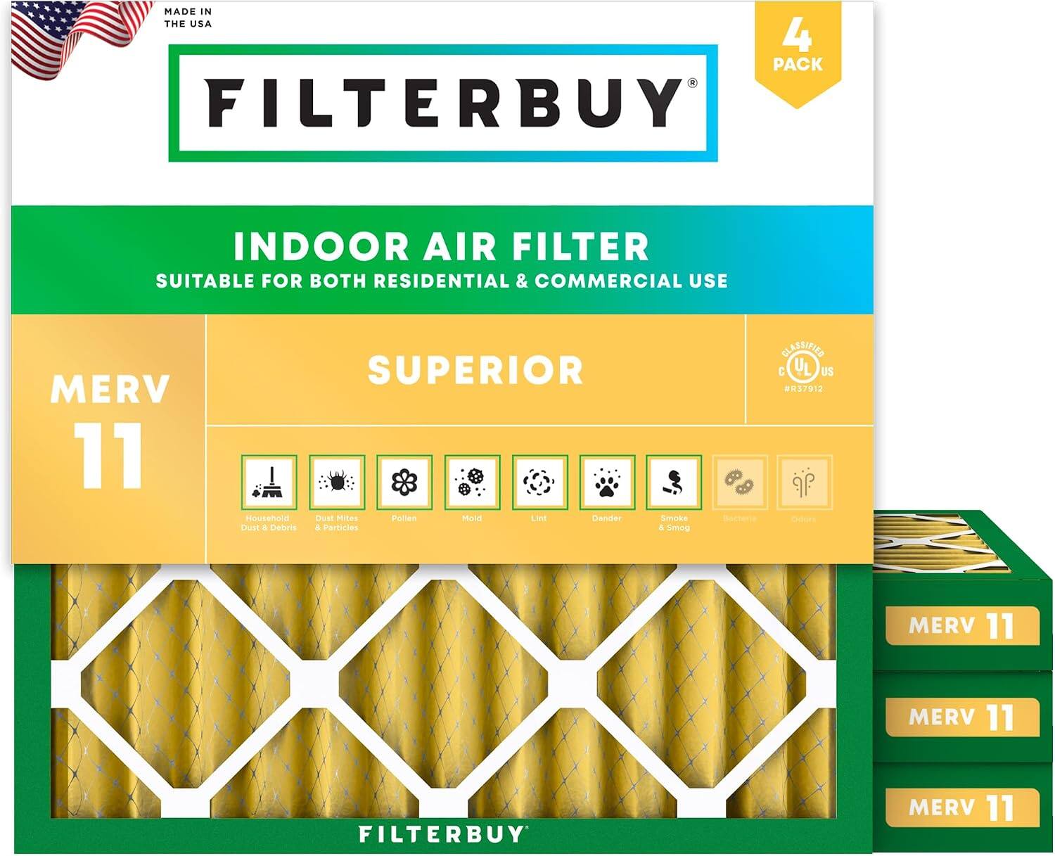 Filterbuy - 17.25x17.25x2 MERV 11 Pet & Allergy Defense, Electrostatic Pleated HVAC AC Furnace Air Filters Replacement (4-Pack) - Gold