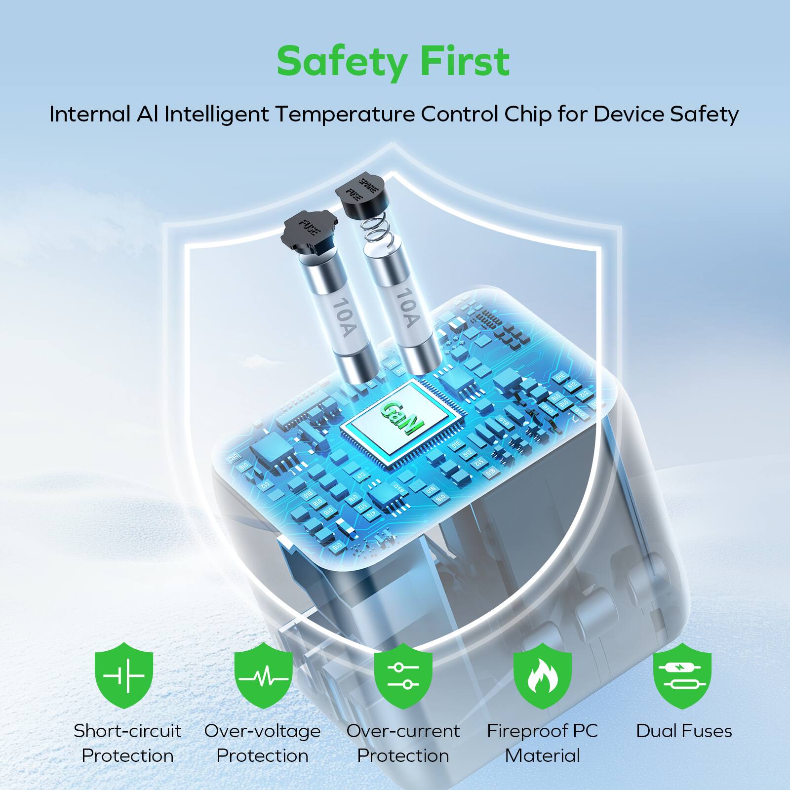 Safety First  
Internal AI Intelligent Temperature Control Chip for Device Safety  

- Short-circuit Protection  
- Over-voltage Protection  
- Over-current Protection  
- Fireproof PC Material  
- Dual Fuses