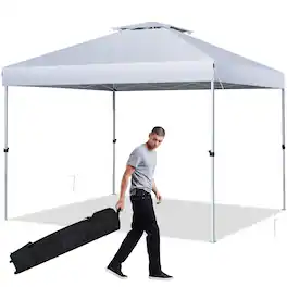 Costway - 2-Tier 10' x 10' Pop-up Canopy Tent Instant Gazebo Adjustable Carry Bag with Wheel - White