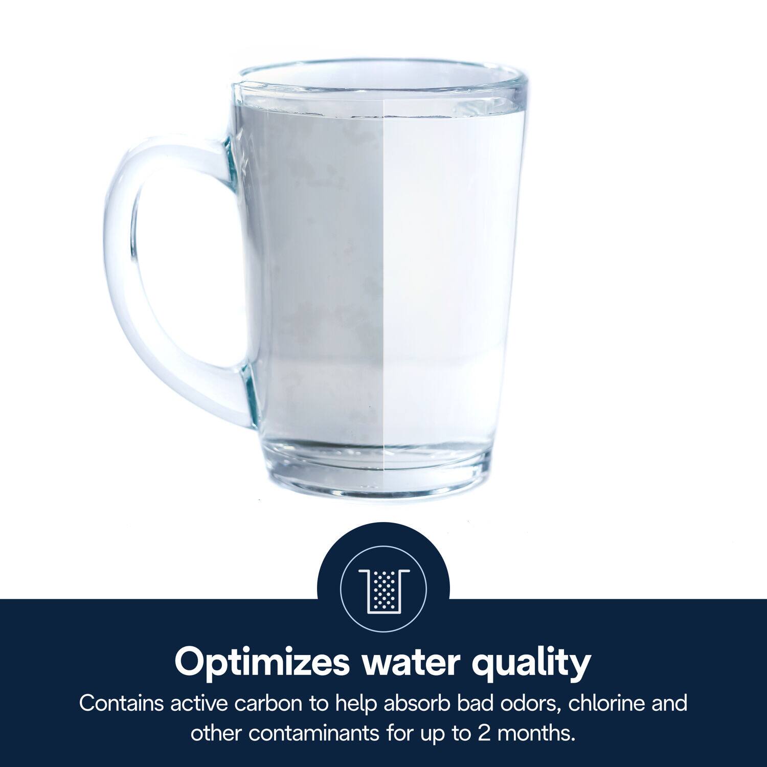 Optimizes water quality  
Contains active carbon to help absorb bad odors, chlorine, and other contaminants for up to 2 months.