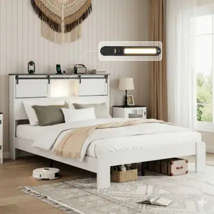Front. LUCKY ONE - Queen Size Metal Bed Frame with Storage Headboard, USB Charging, Heavy Duty Metal Slats, No Box Spring Needed - White,QUEEN.