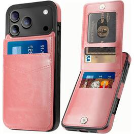 Entronix - Slim Leather Wallet Case for iPhone 17 Pro Max - 6 Slot Card Holder - Pink