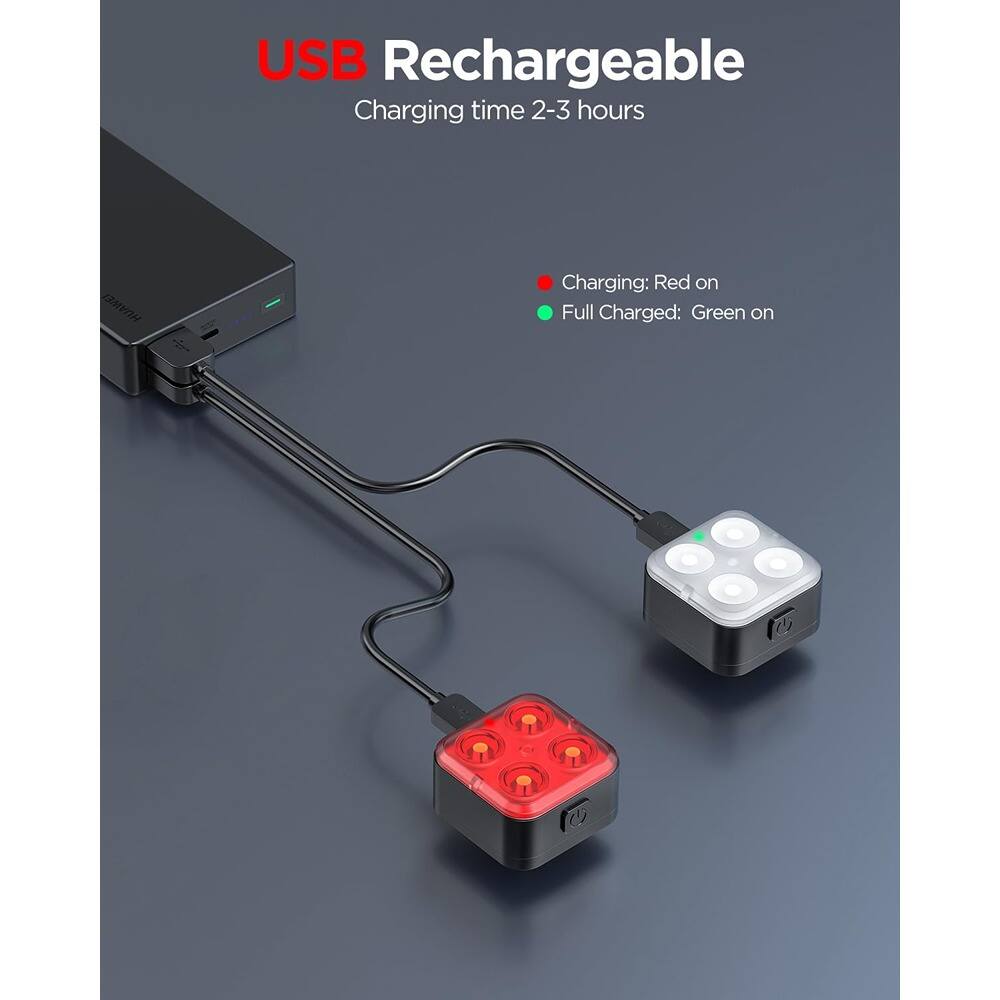 USB Rechargeable  
Charging time: 2-3 hours  

Charging: Red on  
Full Charged: Green on