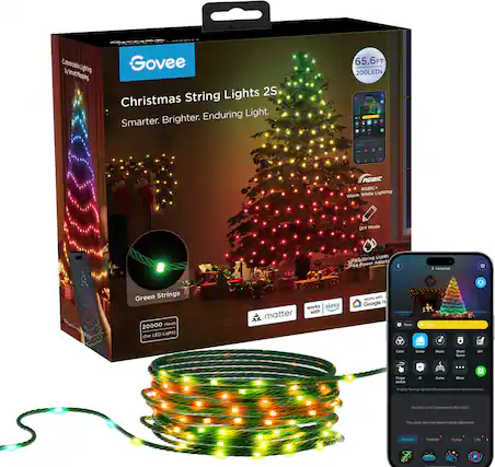 Govee Christmas String Lights 2S - Smarter. Brighter. Enduring Light. 65.6FT 200LEDs - RGBIC RGBiC+ warm White Lighting DIY Mode PpSiString Lights P44-Power Adapts a Green Strings 20000 HOURS (for LED Light) works with Alexa & Google Home - Tap to Change Color - Smartphone Control - Tuneable White Lighting - 180% Brighter than Incandescent - Eco-friendly, Energy Saving - The Same Selected Scene Mode as Movie - Natural Festival Funny Life - The Best Choice for Indoor and Outdoor Decoration.