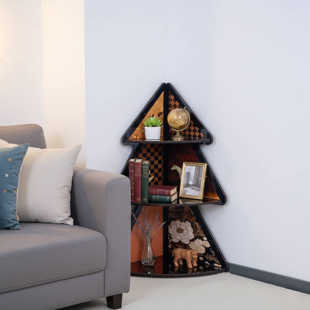 Back. VIVZONE - 3-Tier Tree Shaped Corner Shelf Retro Cabinet - Multicolor.