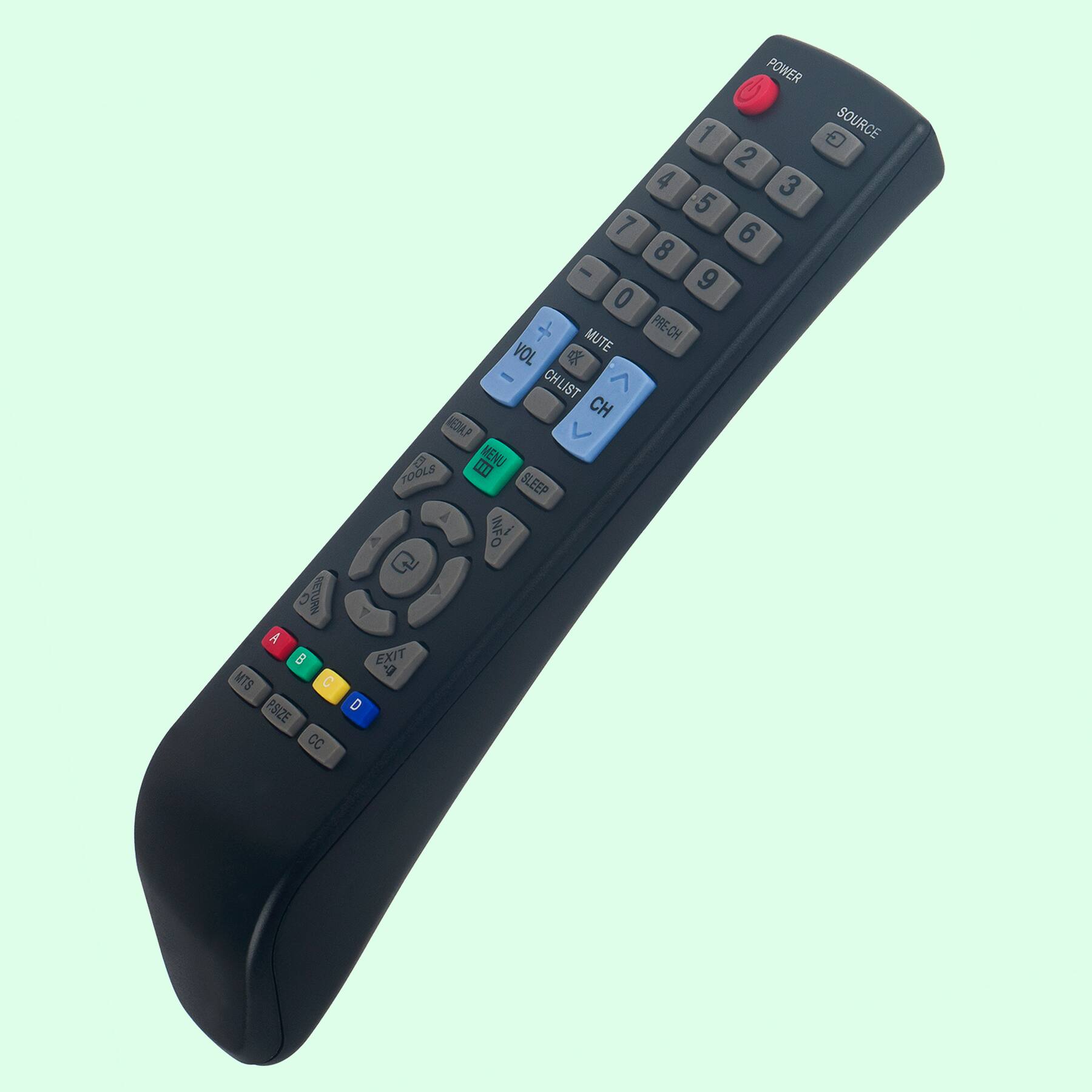 Here is the corrected and grouped text from the image:

- **Top Row:**
  - POWER
  - SOURCE

- **Number Pad:**
  - 1 2 3
  - 4 5 6
  - 7 8 9
  - 0

- **Below Number Pad:**
  - MUTE
  - PRE-CH
  - CHLIST
  - CH

- **Volume Control:**
  - VOL

- **Menu Navigation:**
  - MENU
  - TOOLS
  - SLEEP
  - EXIT

- **Bottom Row:**
  - A B MTS C PSIZE CC POWER
  - 1 2 4 3 5 7 6 8 - 9 0
  - MUTE PRE-CH VOL C CHLIST
  - ^ CH HEDULP
  - MENU TOOLS SLEEP W S 0 C EXIT S D

- **Color Buttons:**
  - A
  - B
  - MTS
  - C
  - D
  - CC