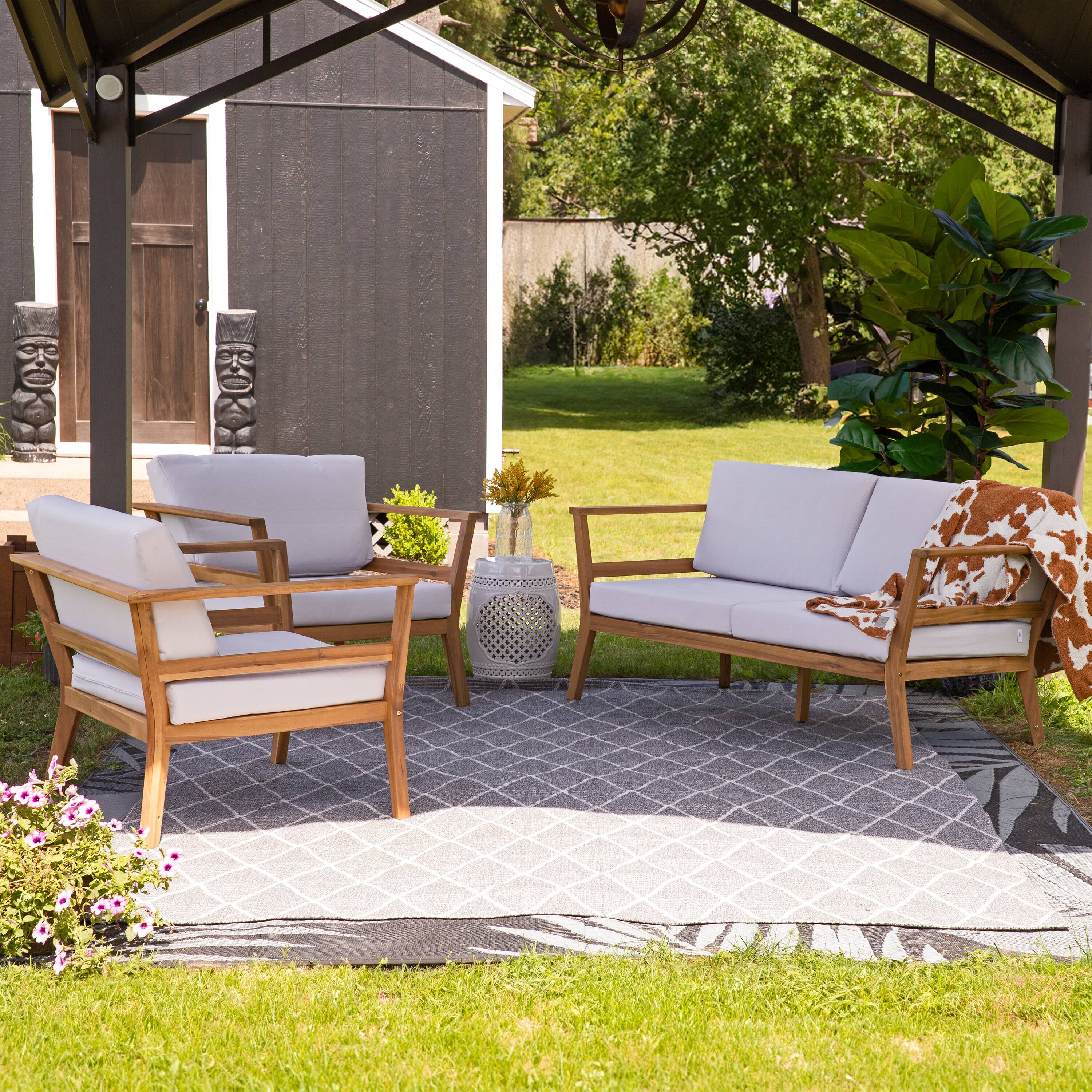 Alt View 7. Sunnydaze - Bodie Acacia Wood 3-Piece Patio Conversation Set - Natural/Bone White.