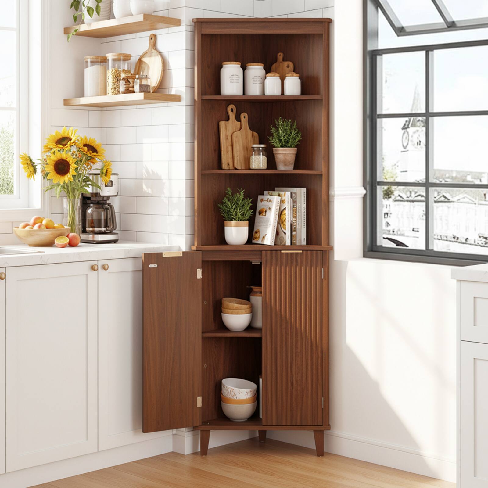 Alt View 4. Costway - Costway 68" Tall Corner Cabinet with Fluted Doors, 6-Tier Space Saver Display Shelves Bathroom Storage Cabinet - Walnut.