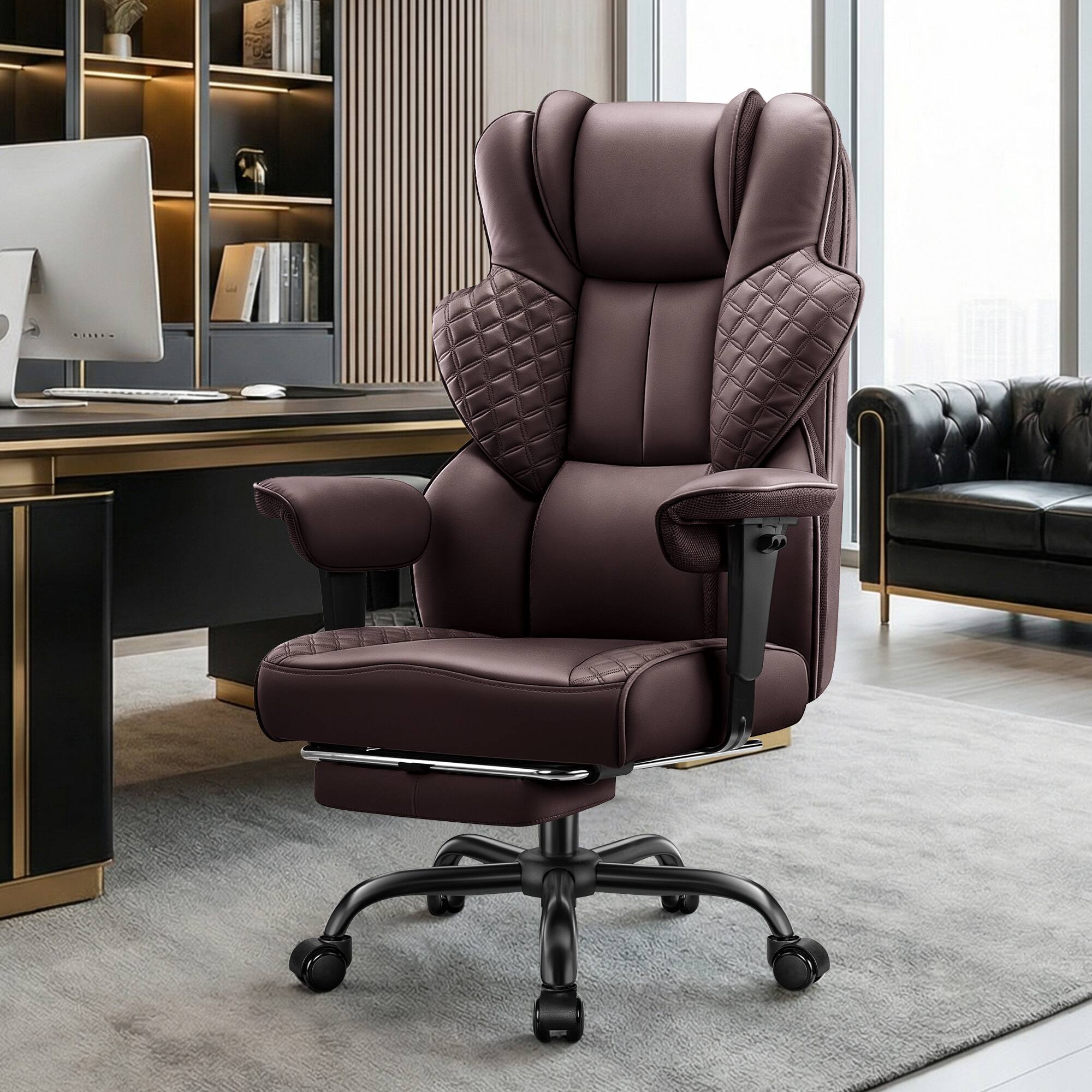 Alt View 7. KERDOM - 500lb Big & Tall Ergonomic Executive Office Chair with Footrest, PU Leather Computer Gaming Chair with 4D Lumbar Support - Coffee.