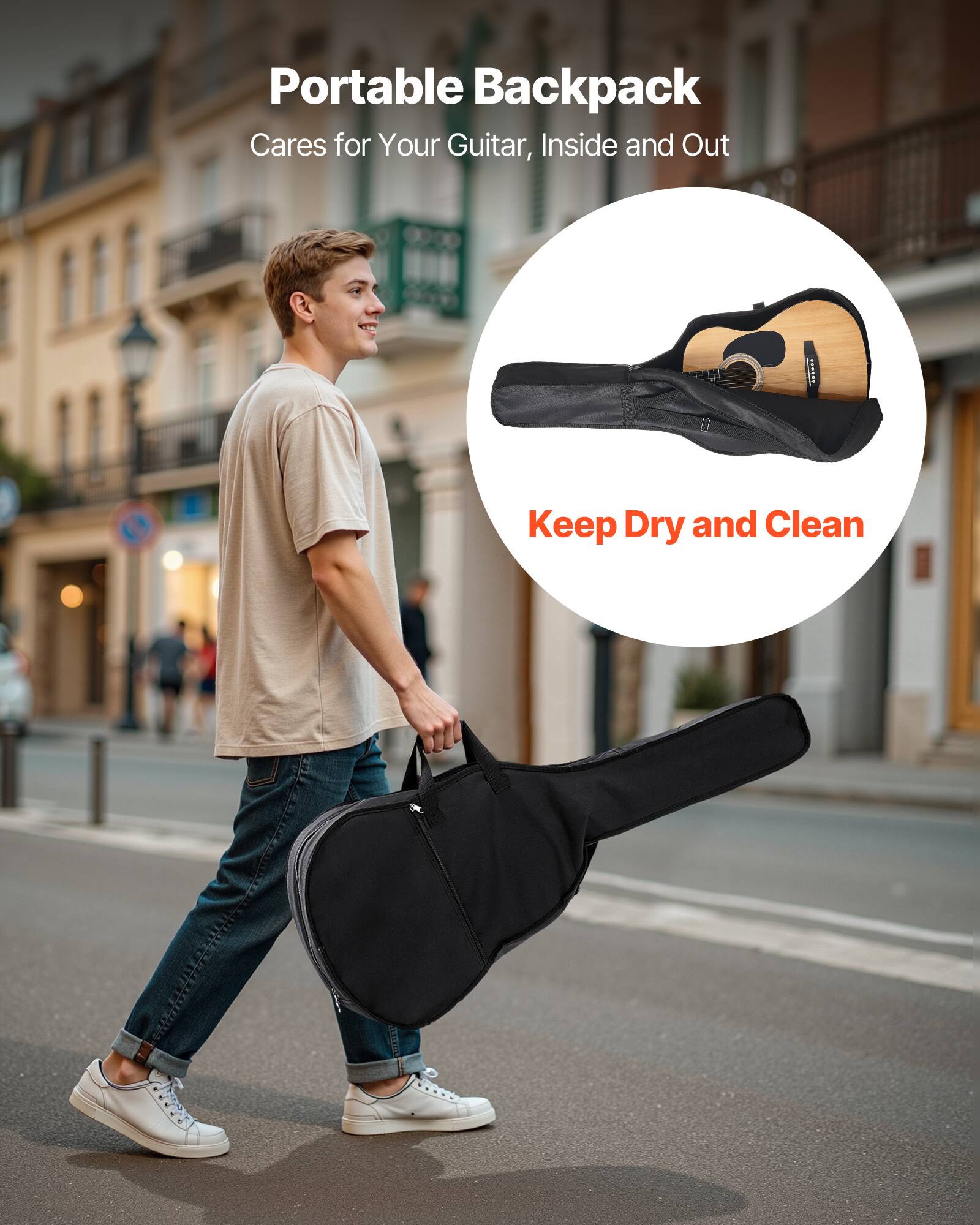 Portable Backpack  
Cares for Your Guitar, Inside and Out  
Keep Dry and Clean
