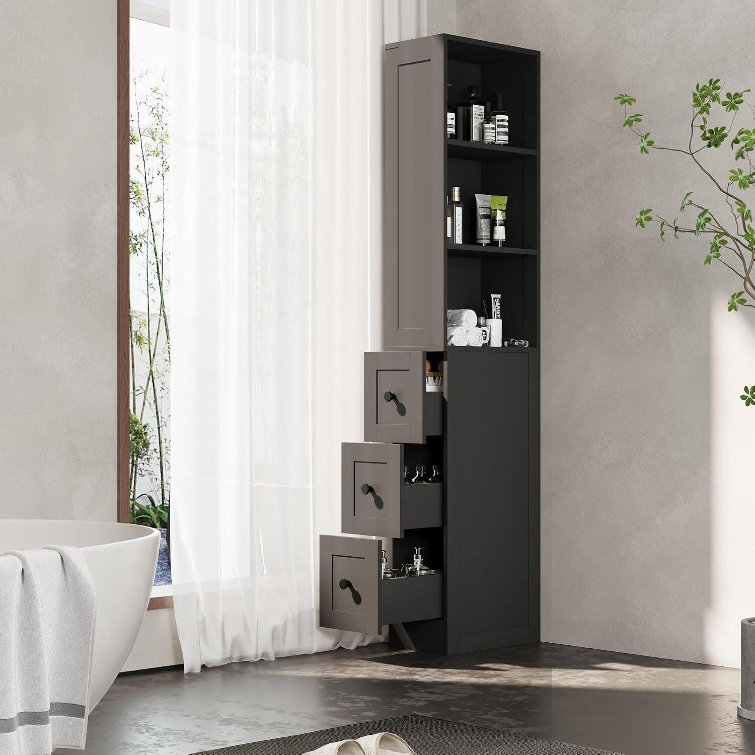 Angle. Yardgrace - Tall Narrow Anti-Tipping Storage Cabinet 2 Adjustable Shelves 3-Level Drawers Small Space Home Bathroom Kitchen Laundry - Black.