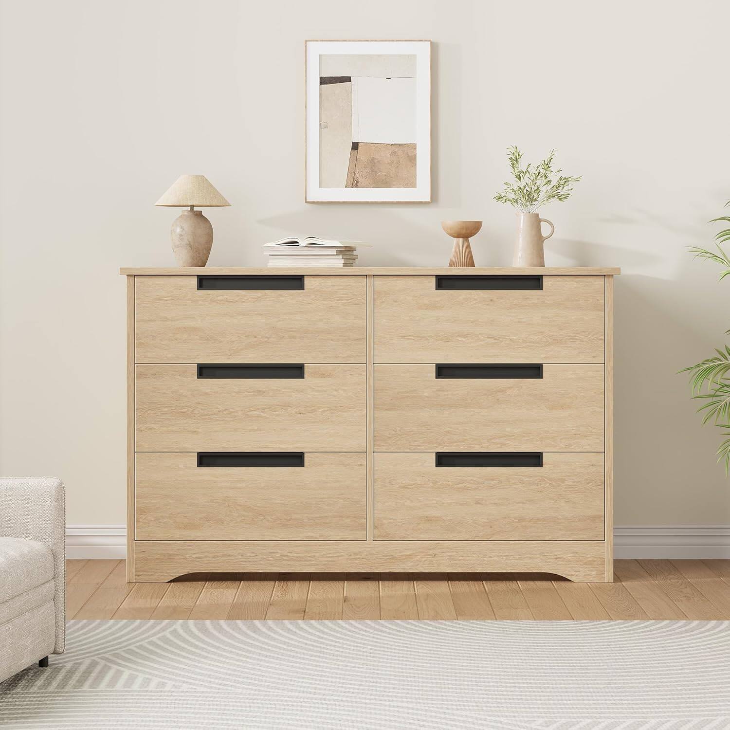Alt View 3. GARVEE - 6 Drawer Dresser for Bedroom, Natural Modern Double Dresser Organizer with Embedded Handles Design - ‎Natural.