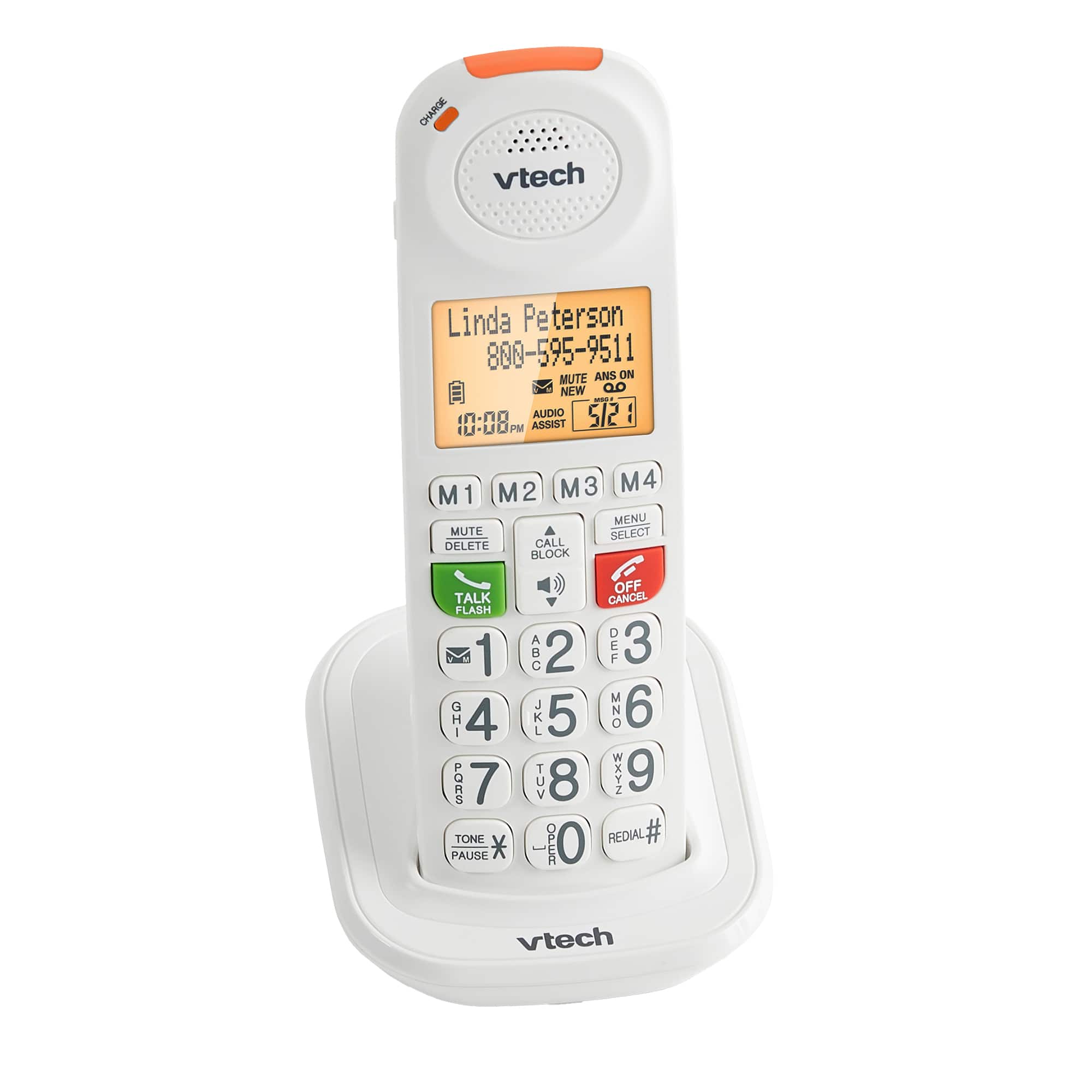 The text on the image is already grouped and correctly written. It reads:
"GHARGE vtech Linda Peterson 880-595-9511 MUTE ANS ON NEW i n- AUDIO 5/2 : IU-UUPM PM"