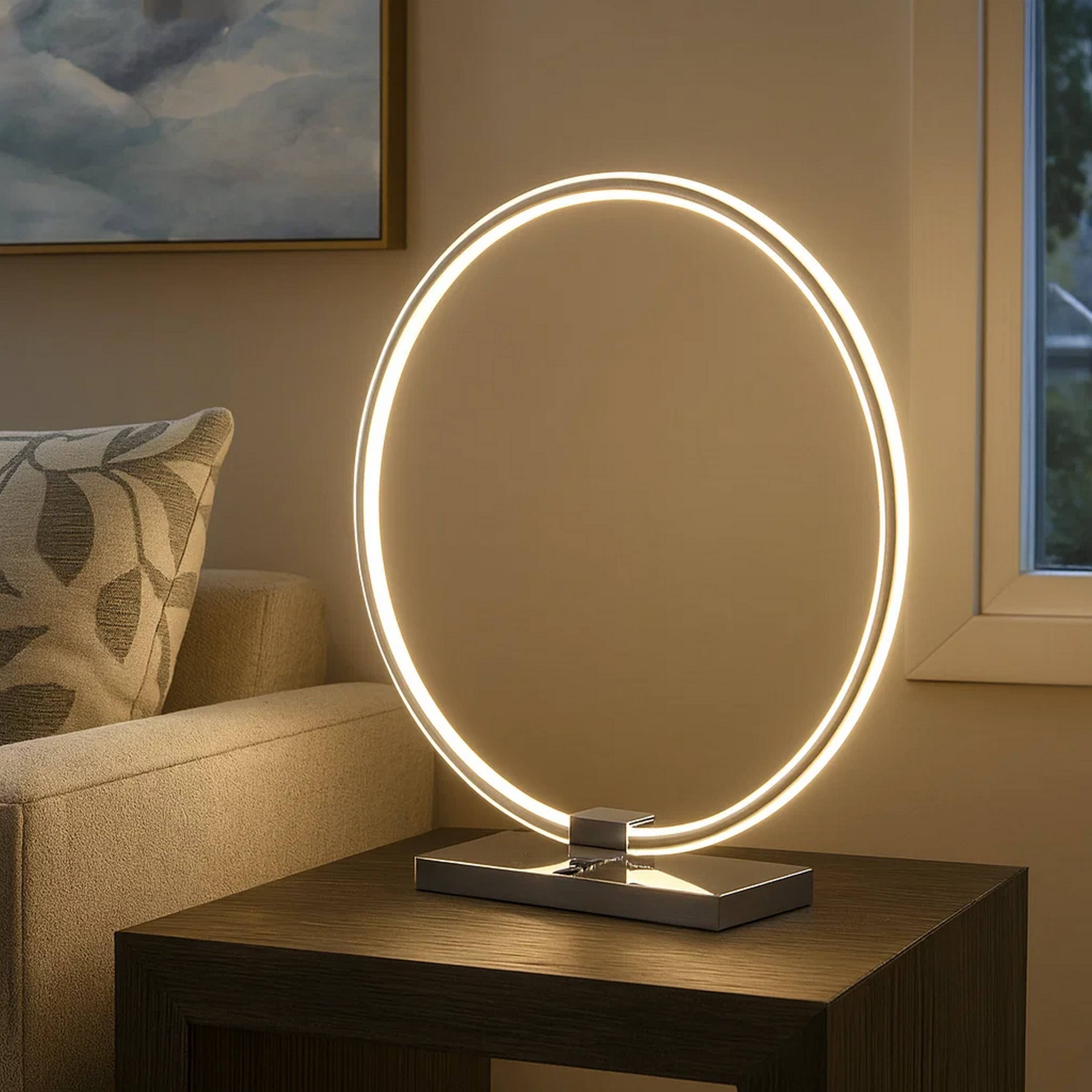 Alt View 3. Manhattan Lane - Sine 21 Inch Table Lamp, Modern Circle Ring LED, Metal Base - Nickel, Silver.